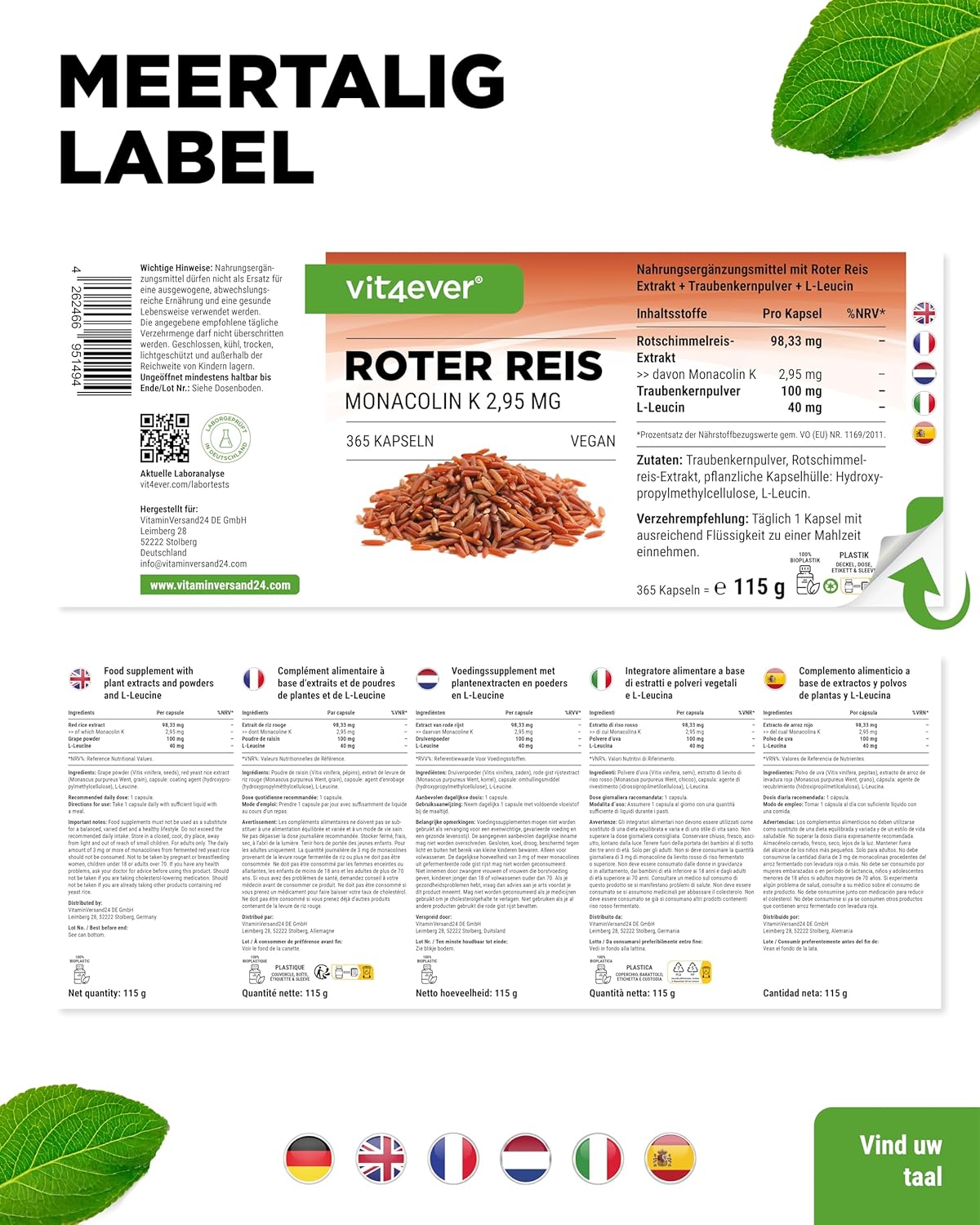 Rotschimmelreis-Extrakt | 2,95 mg Monacolin K | 365 Kapseln | Vit4ever