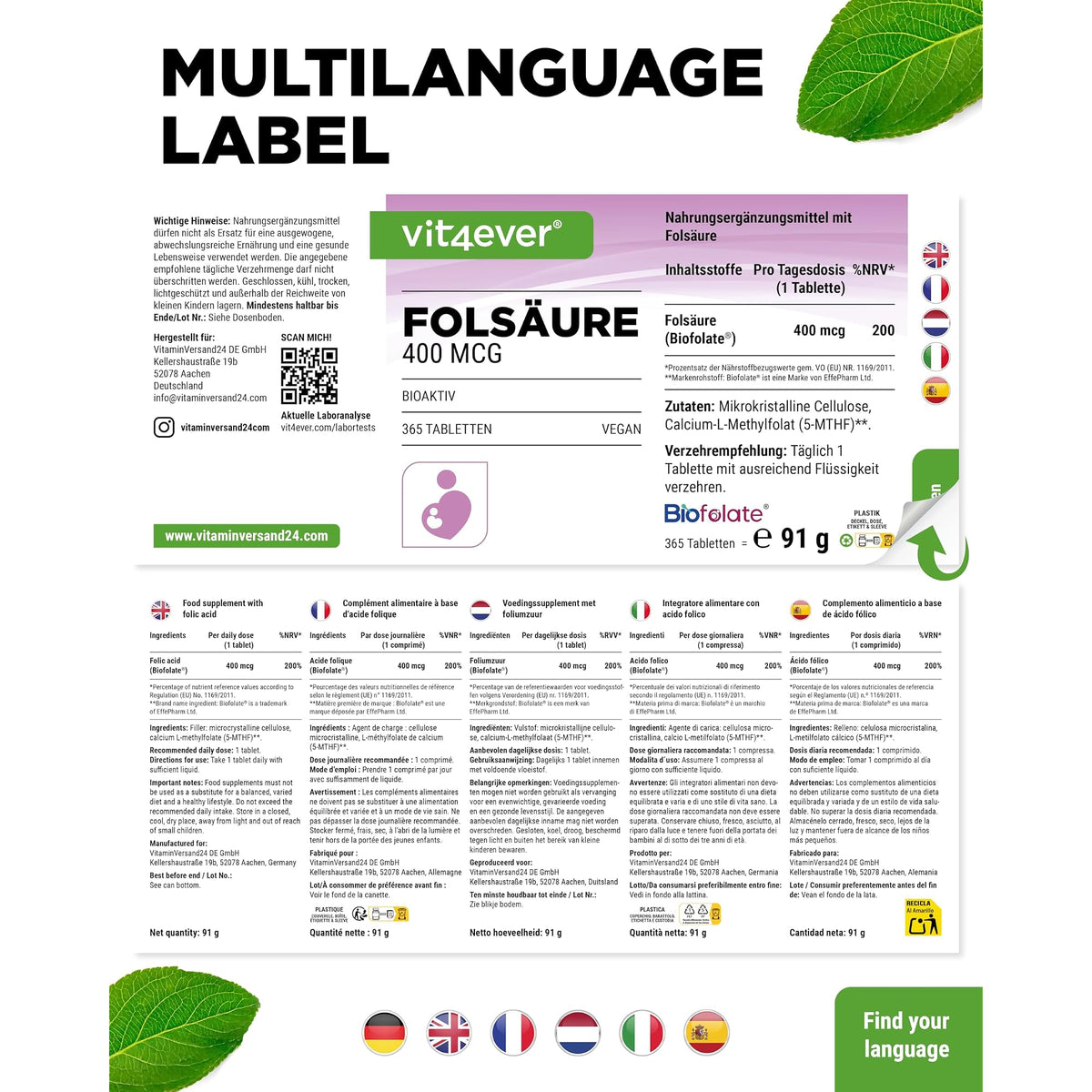 Vit4ever Folsäure 400 mcg 365 Tabletten – Produktdetail des Etiketts