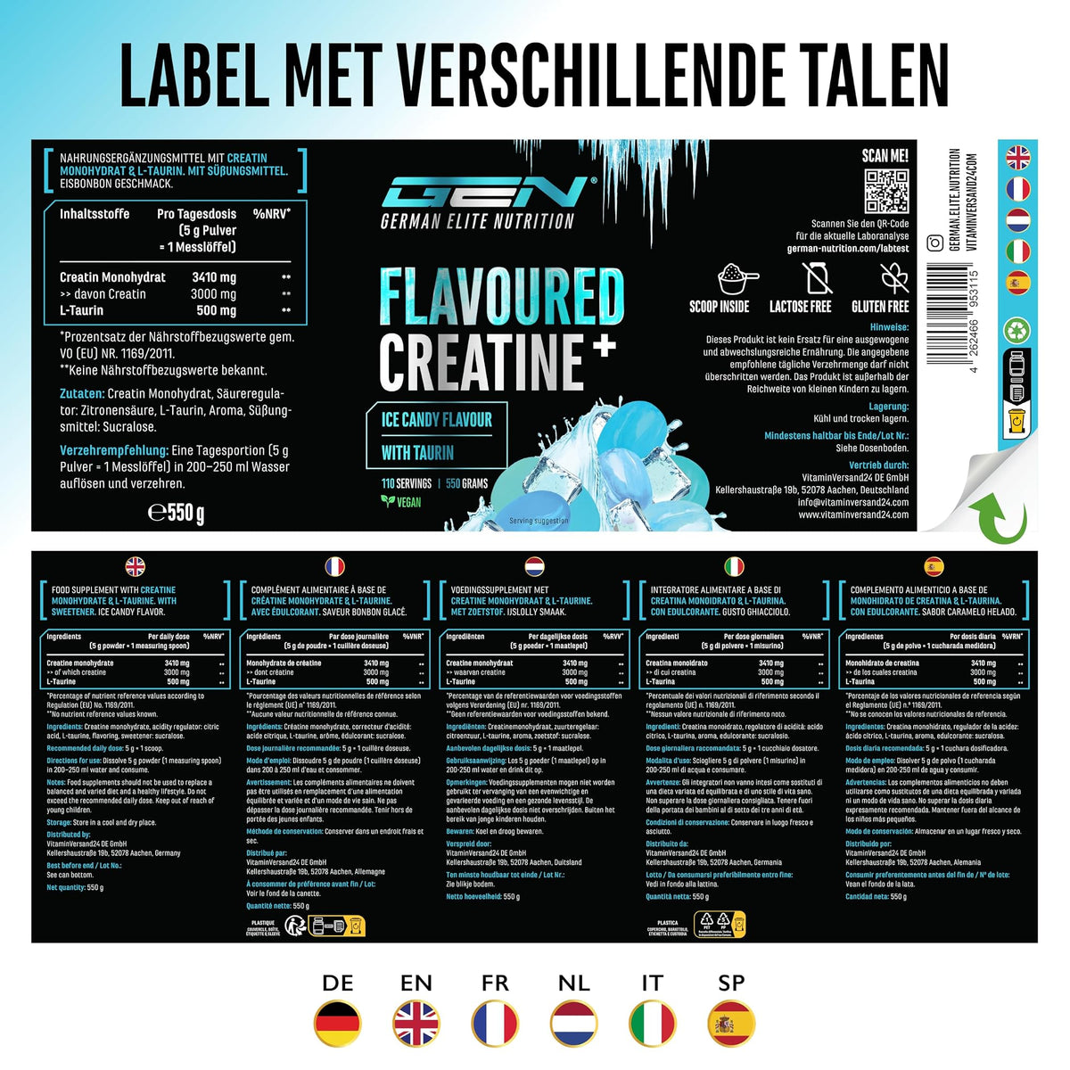 German Elite Nutrition Flavoured Creatine+ Ice Candy 550 g - voedingswaarden en ingrediënten