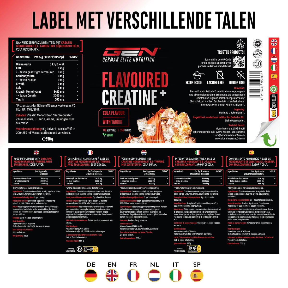 German Elite Nutrition Flavoured Creatine+ Cola 550 g - voedingswaarden en ingrediënten