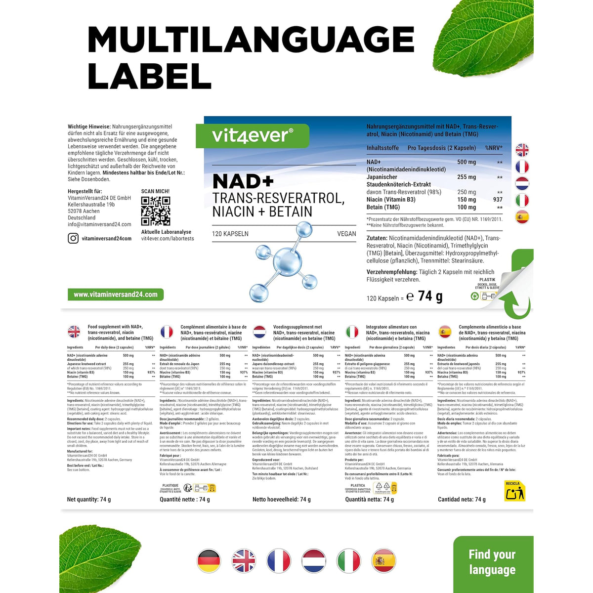 Vit4ever NAD+ mit Trans-Resveratrol, Niacin & Betain 120 Kapseln – Produktdetail des Etiketts