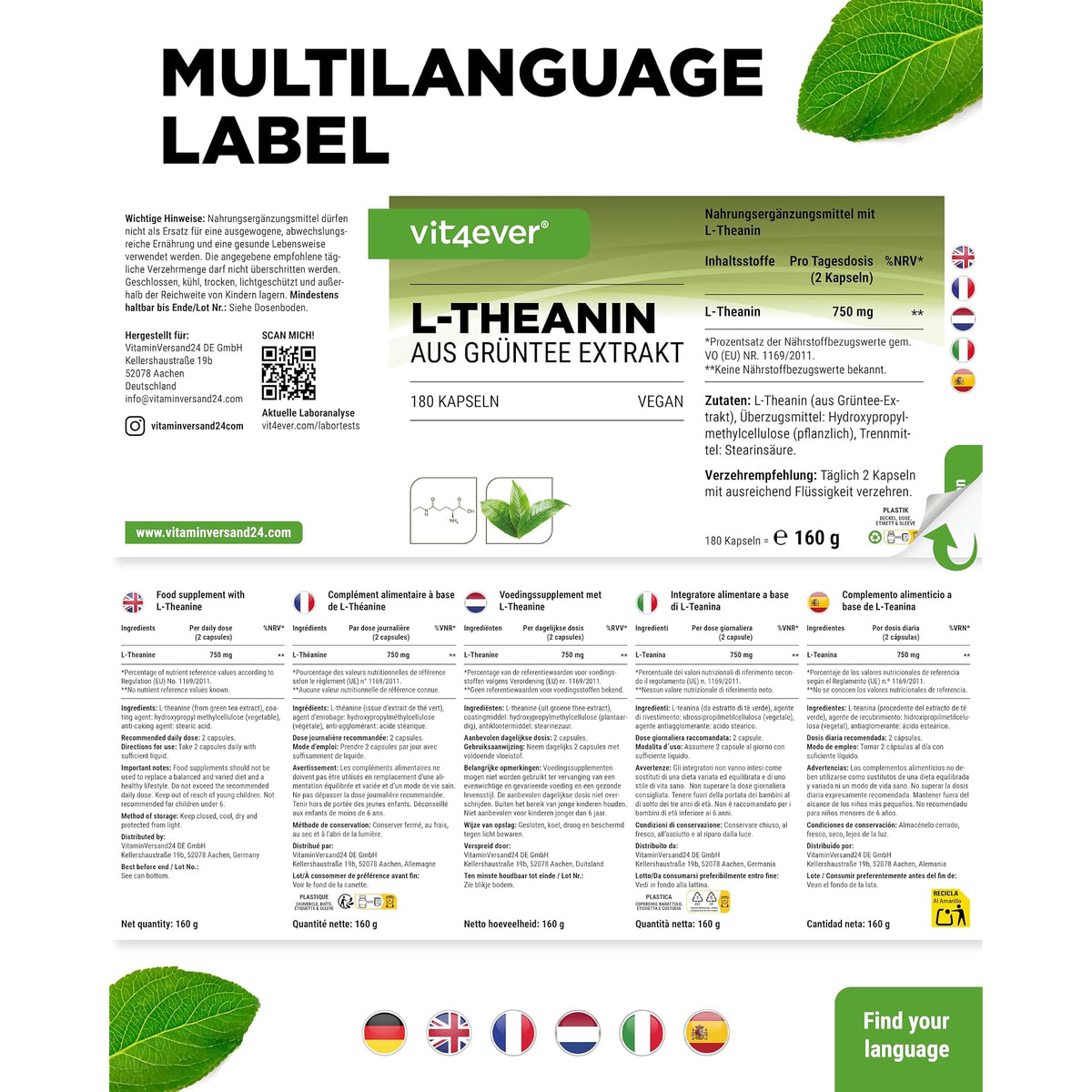 Vit4ever L-Theanin 750mg 180 Kapseln – Verpackung Rückseite