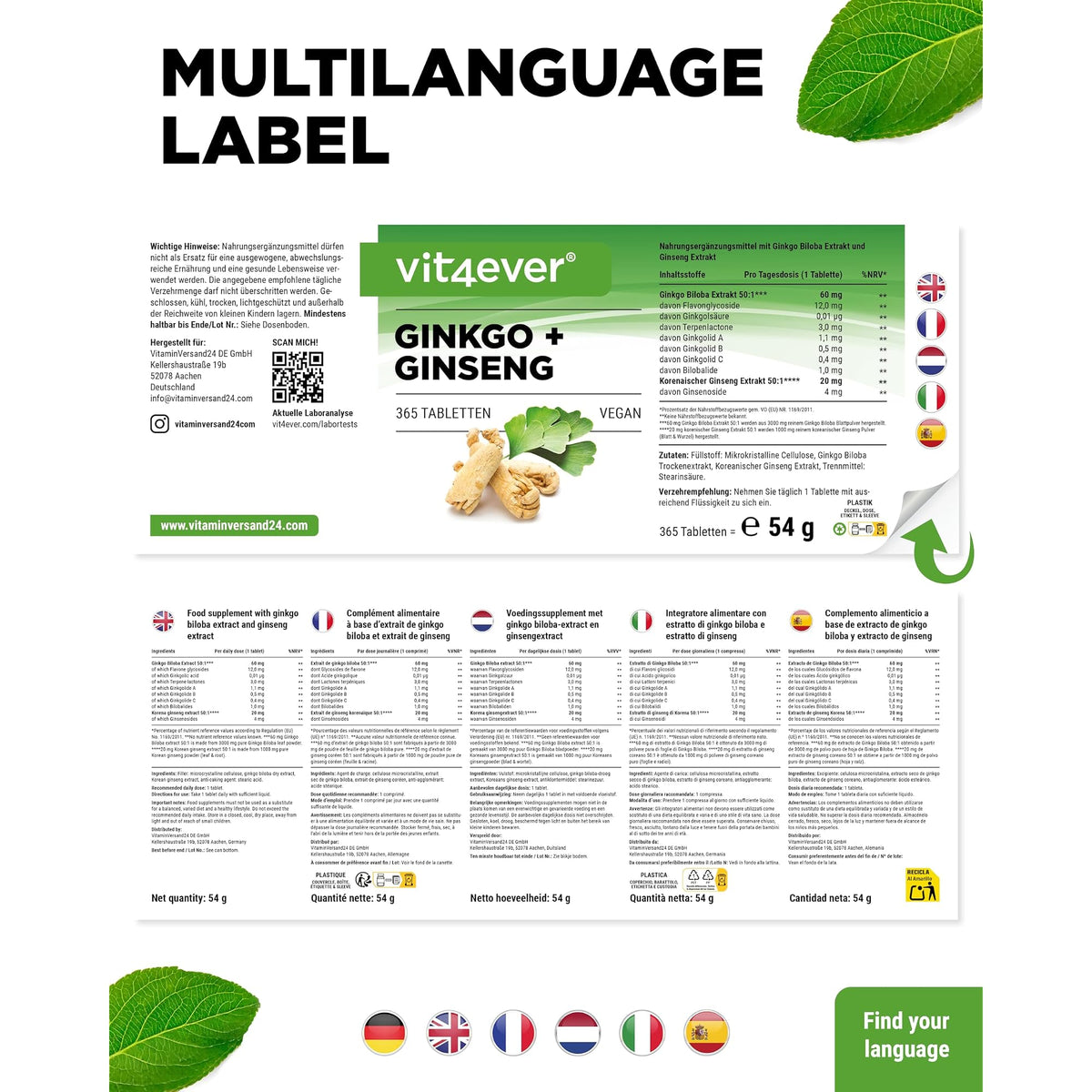Vit4ever Ginkgo + Ginseng 50:1 Extrakt 365 Tabletten – Verpackung Rückseite