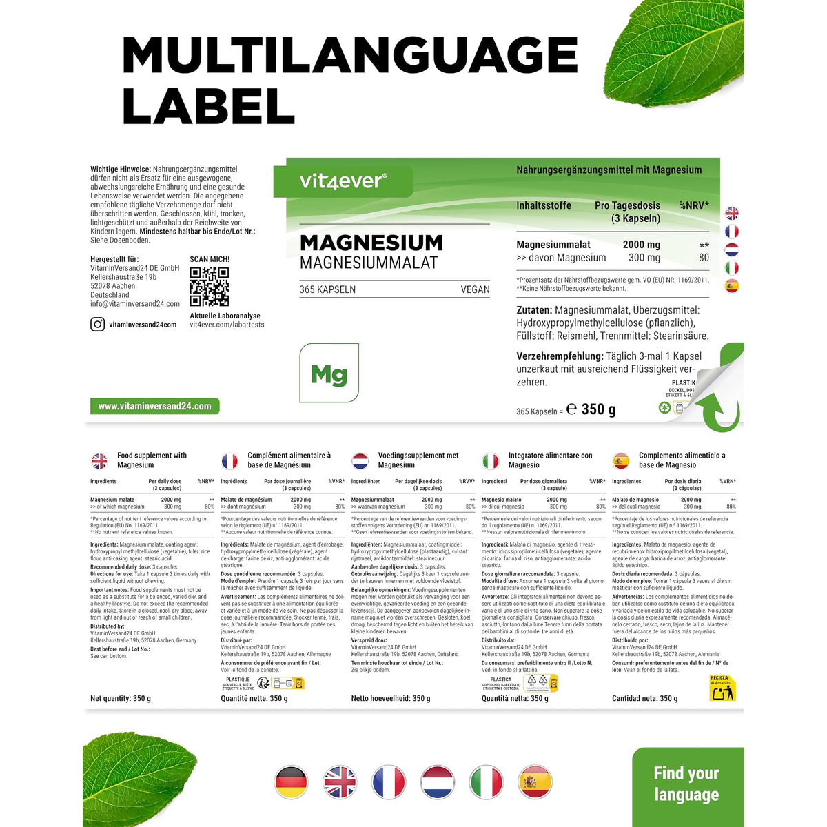 Vit4ever Magnesiummalat 365 Kapseln – Verpackung Rückseite