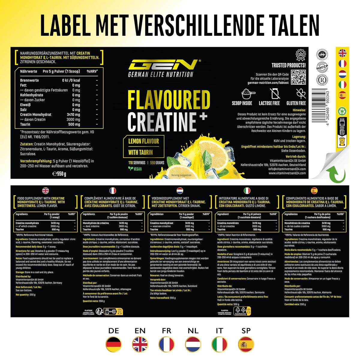 German Elite Nutrition Flavoured Creatine+ Citroen 550 g - voedingswaarden en ingrediënten