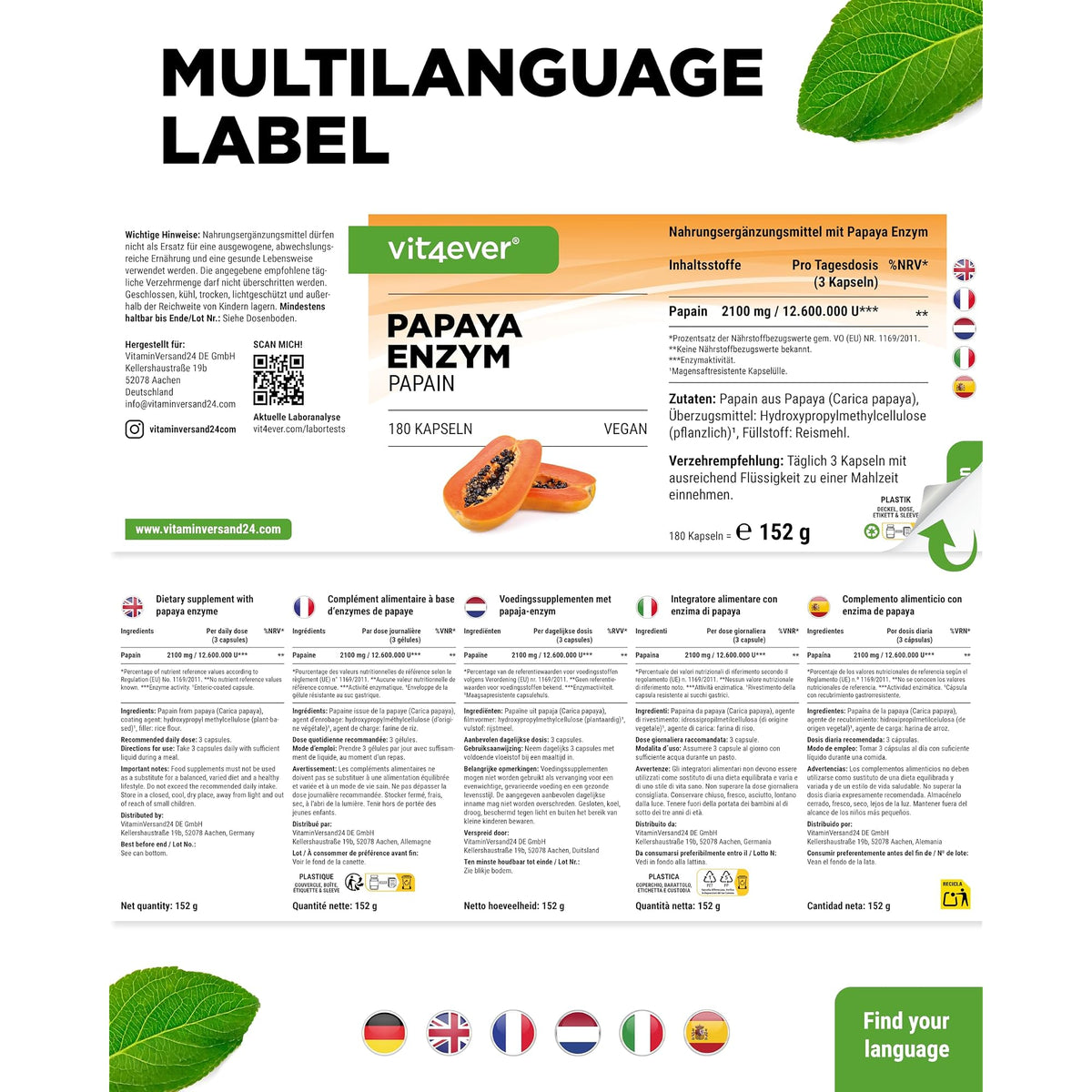 Vit4ever Papaya Enzym 180 Kapseln – mehrsprachiges Etikett