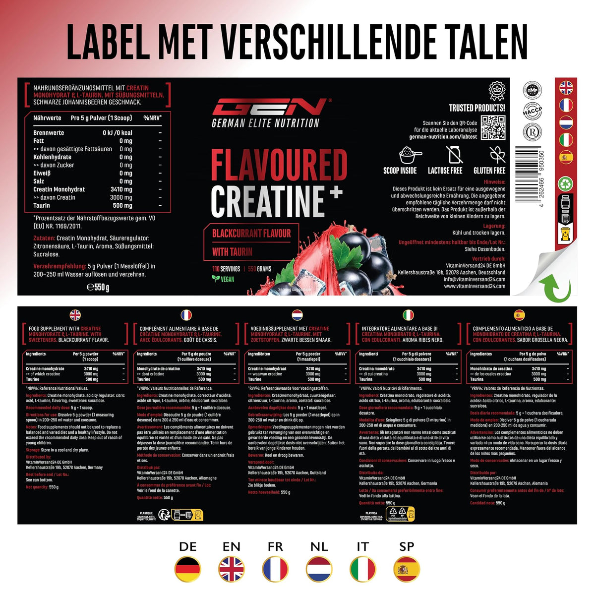 German Elite Nutrition Flavoured Creatine+ Zwarte bes 550 g - voedingswaarden en ingrediënten