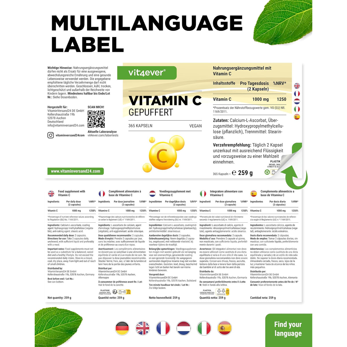 Vit4ever Gepufferte Vitamin C 1000 mg 365 Kapseln – Verpackung Rückseite