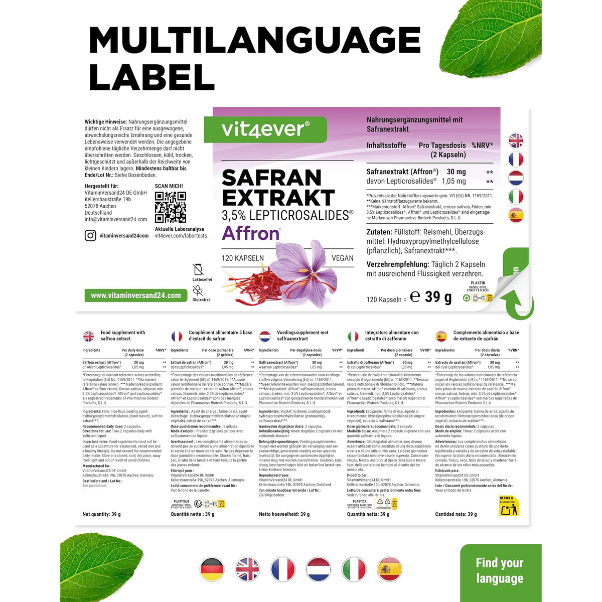 Vit4ever Safran-Extrakt Affron 30mg 120 Kapseln – mehrsprachiges Etikett