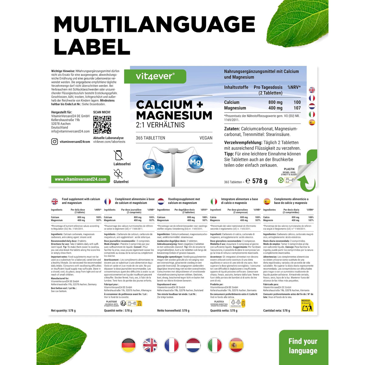 Vit4ever Calcium + Magnesium 2:1 180 & 365 Tabletten – Verpackung Rückseite