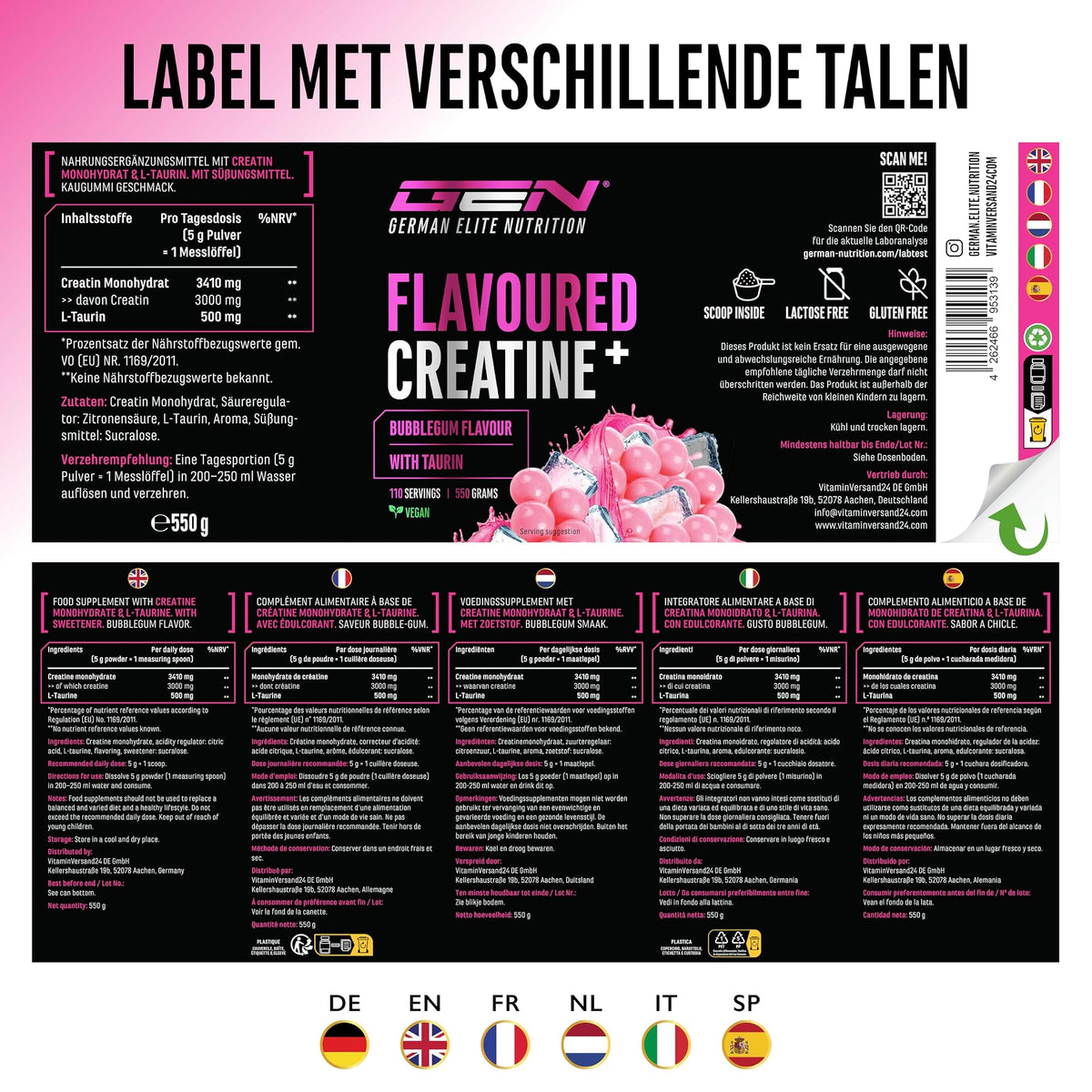 German Elite Nutrition Flavoured Creatine+ Bubblegum 550 g - voedingswaarden en ingrediënten