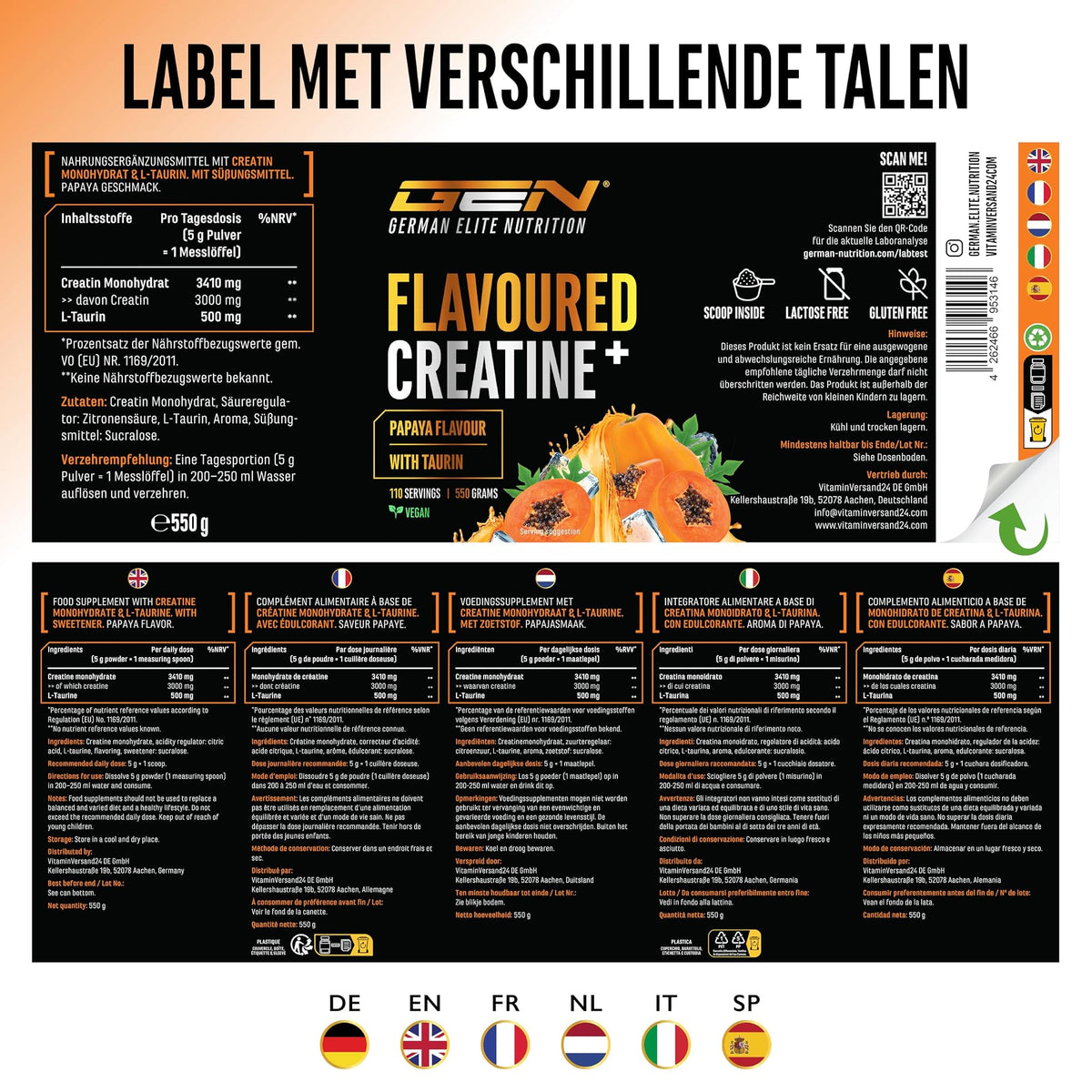German Elite Nutrition Flavoured Creatine+ Papaya 550 g - voedingswaarden en ingrediënten