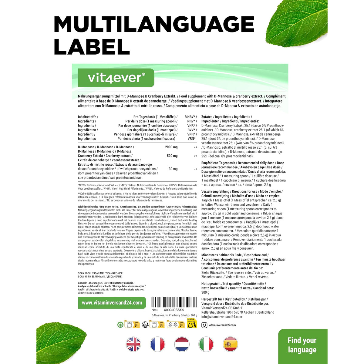 Vit4ever D-Mannose + Cranberry Pulver 250 g – Verpackung Rückseite