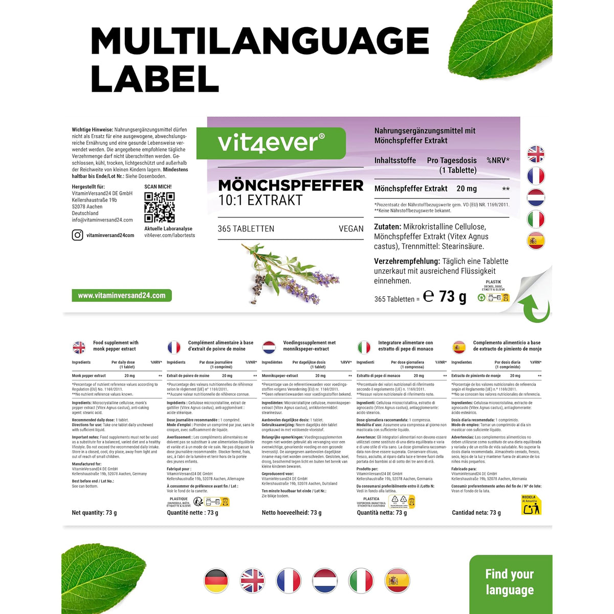 Vit4ever Mönchspfeffer Extrakt 365 Tabletten – Verpackung Rückseite