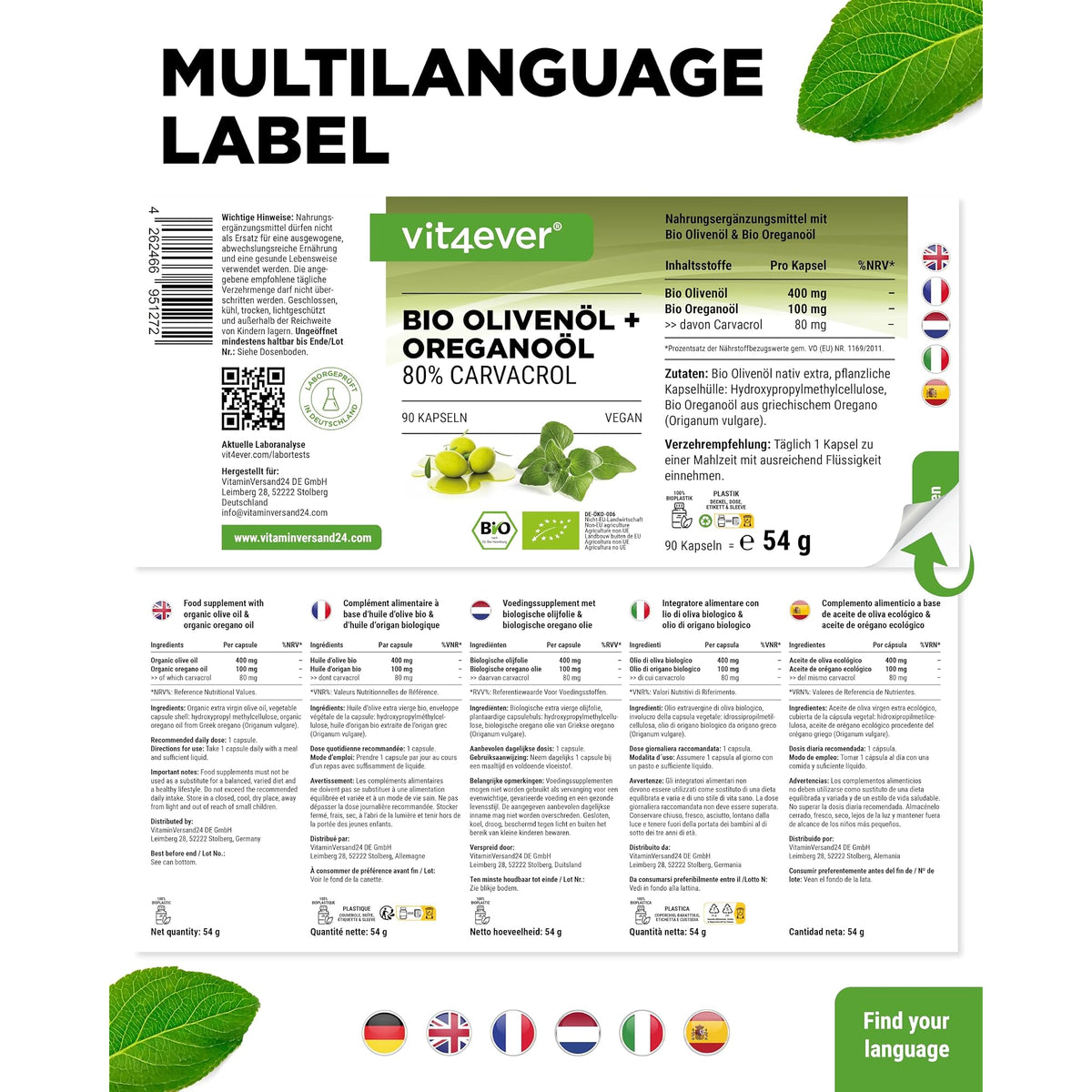 Vit4ever Bio Oregano-Öl 80% Carvacrol 90 Kapseln – Verpackung Rückseite