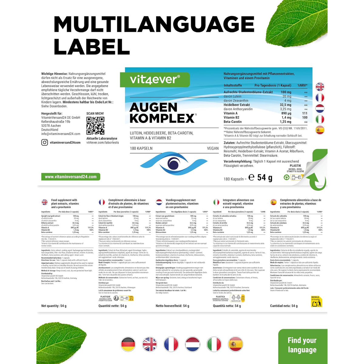 Vit4ever Augen Complex mit Lutein, Vitamin A & B2 180 Kapseln – Produktdetail des Etiketts