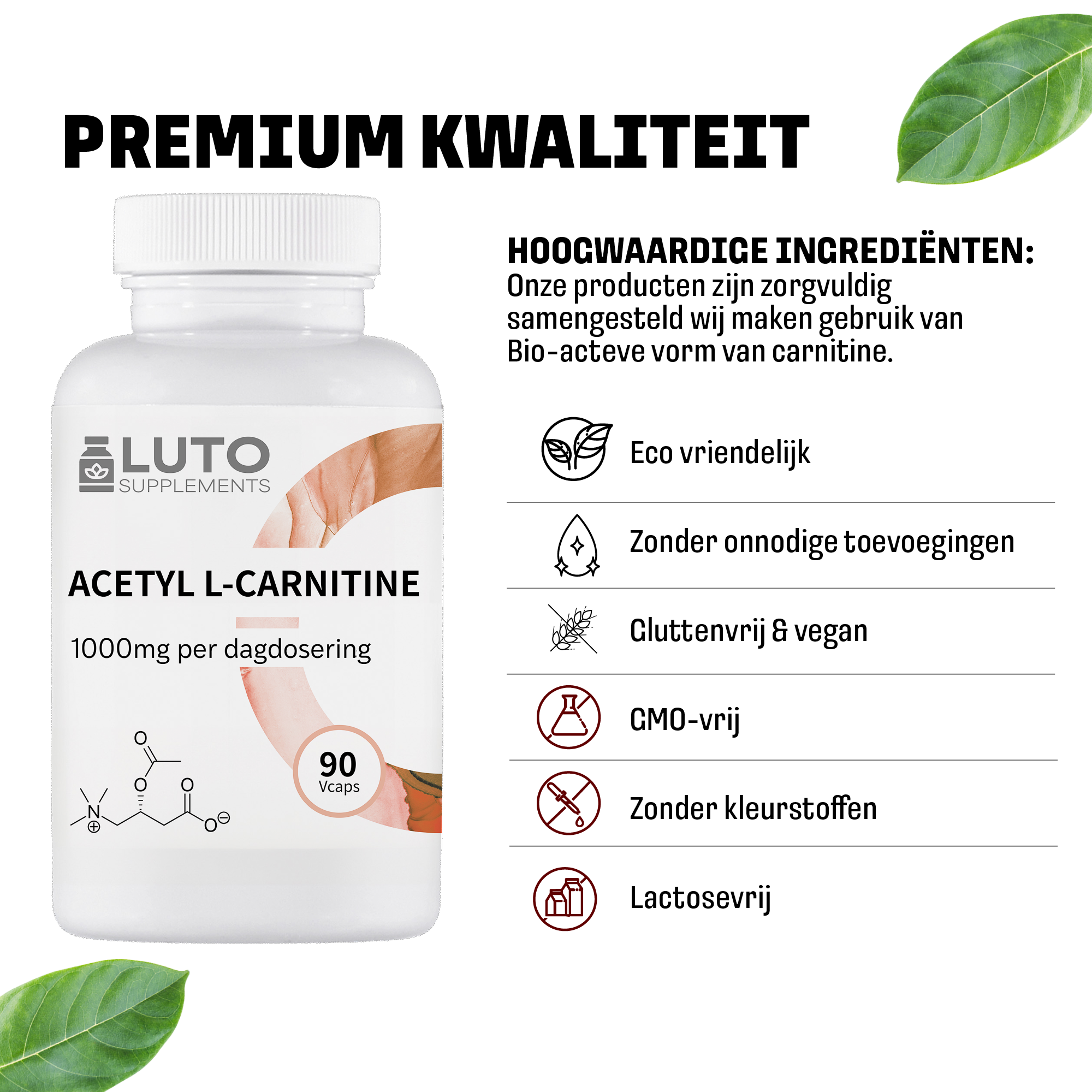 Acetyl L-Carnitin 1000 mg + Vitamin B12 | 90 pflanzliche Kapseln | LUTO Supplements