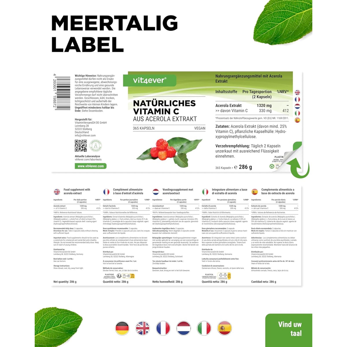 Acerola-Extrakt natürliches Vitamin C | 240 Kapseln | Vit4ever