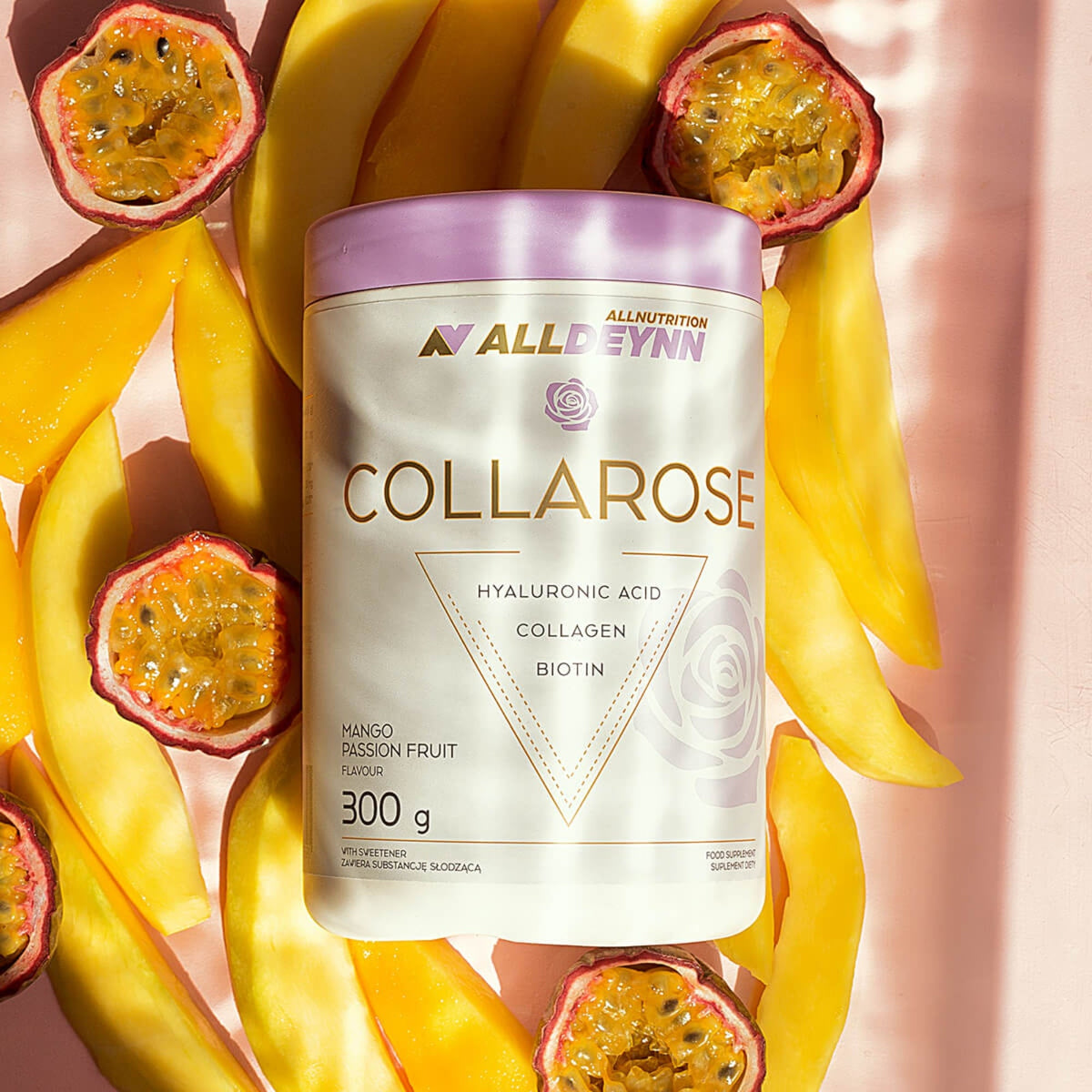Allnutrition AllDeynn Collarose Raspberry Wild Strawberry Rinderkollagen 300 g – Etikett mit Produktinformationen