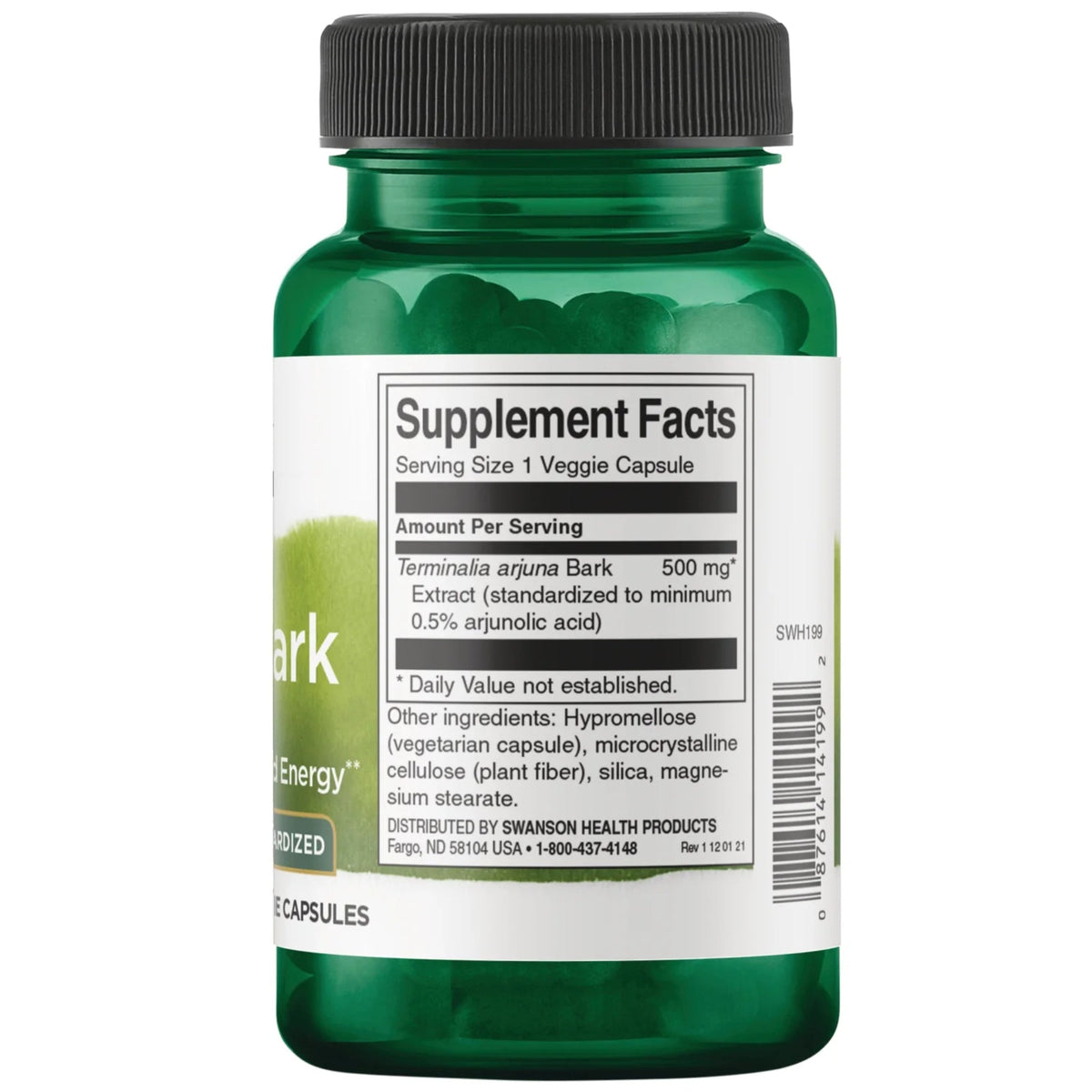 Swanson Arjuna-Rinde Standardisiert 500mg 60 Veg Caps – Produktverpackung Vorderseite