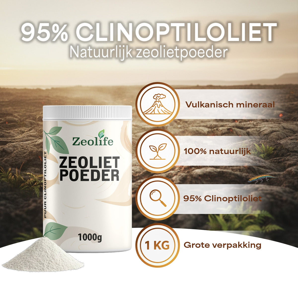 Zeolife Zeolith Pulver 1000 Gramm – Etikett mit Inhaltsstoffen und Dosierung