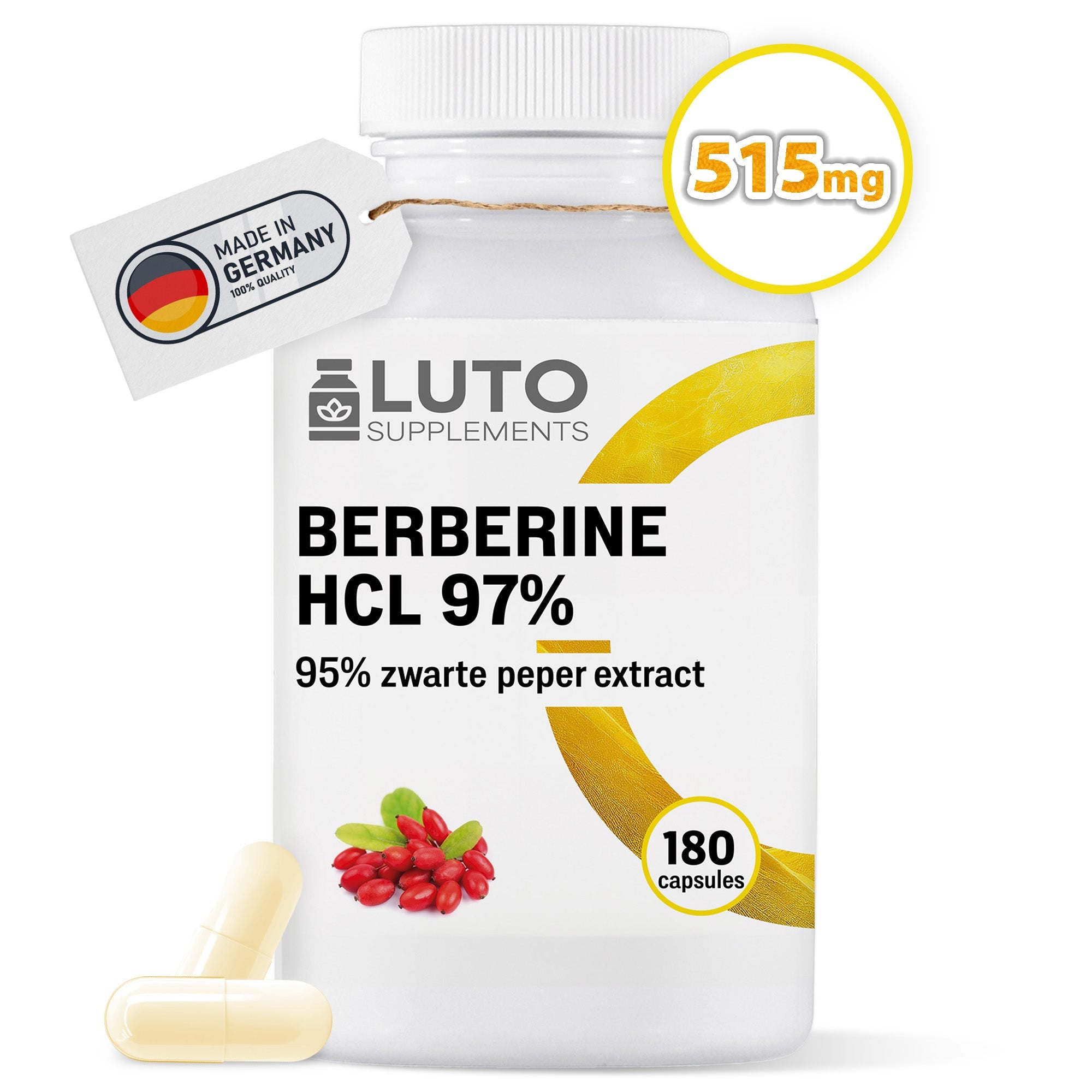 LUTO Supplements Berberine HCL 97% 515mg 180 vegan capsules met zwarte peper extract | kopen in Nederland en België