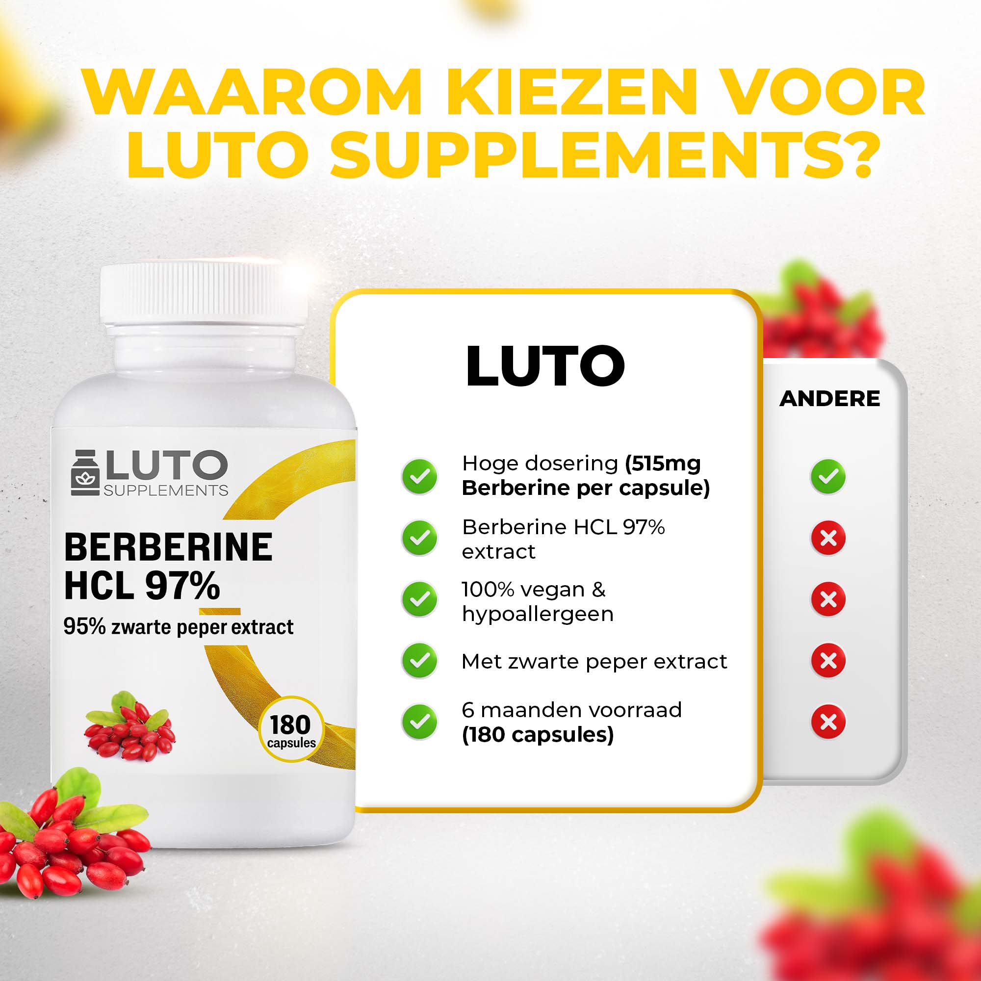 Waarom LUTO Berberine HCL 97% kiezen - 515mg, vegan, zwarte peper extract, 6 maanden voorraad