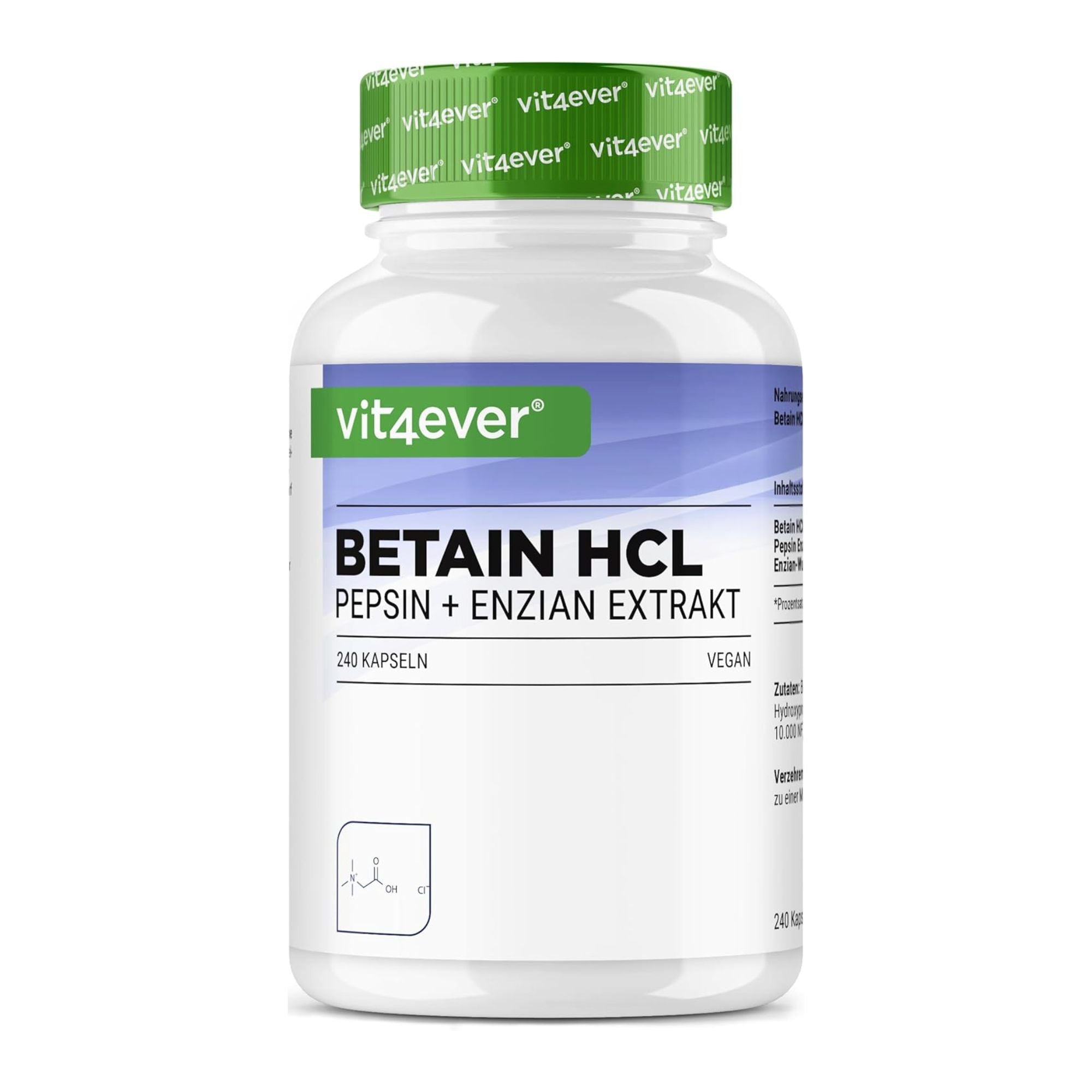 Vit4ever Betain HCL 650mg mit Pepsin & Bitterem Enzian - 240 Kapseln