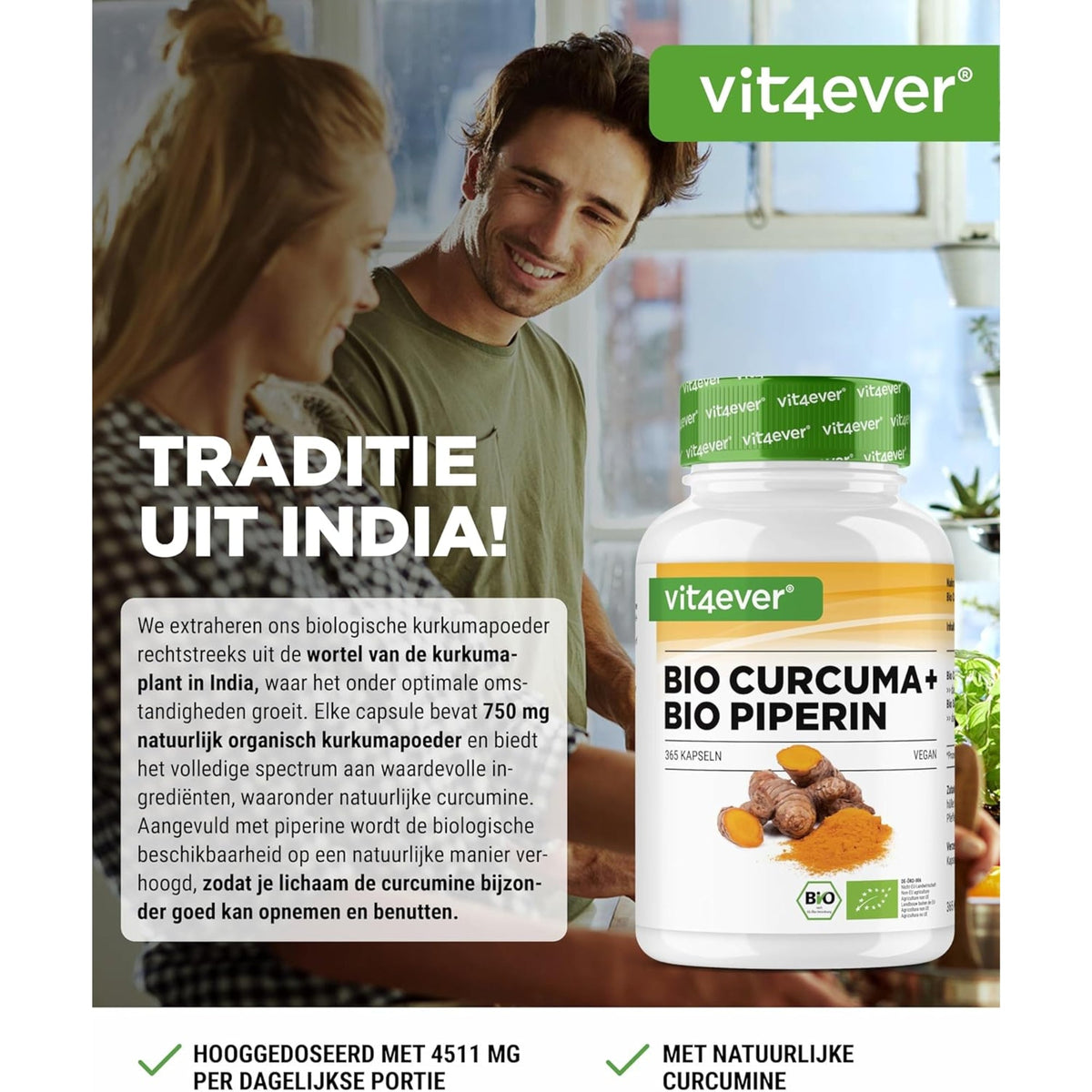 Bio Kurkuma + Bio Piperin | 365 Kapseln | 4560 mg | Vit4ever