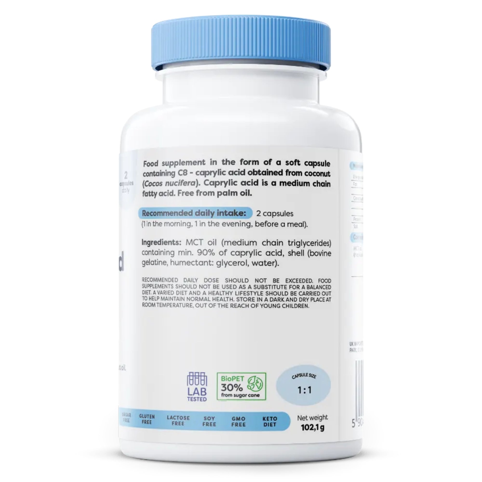 Rückseite Osavi Caprylsäure C8 MCT-Oel – Zutaten und Anwendung, palmölfrei, 2 Softgels pro Tag