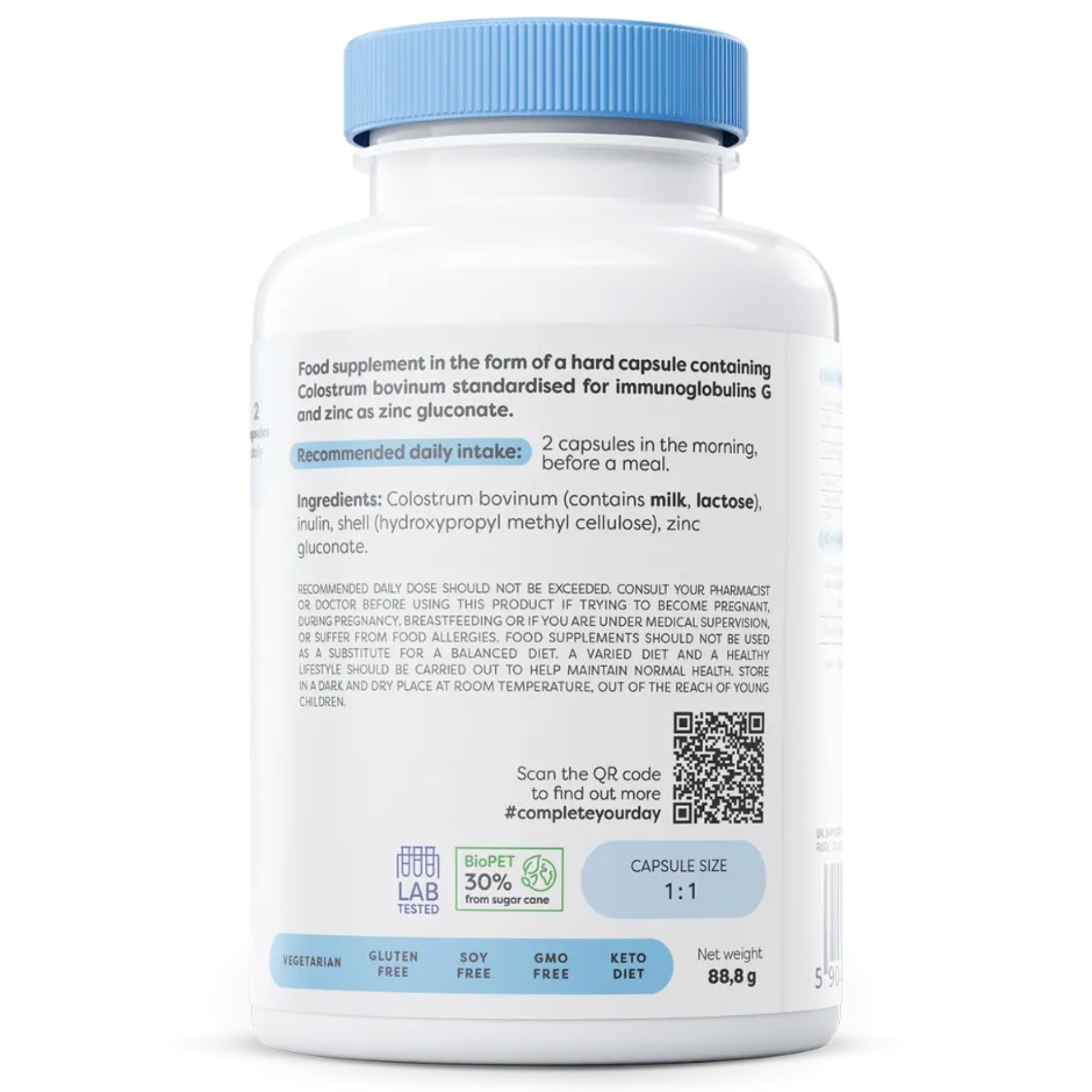 Rückseite Osavi Colostrum Immuno – Zutaten, Colostrum bovinum mit 18 % IgG und Zinkgluconat