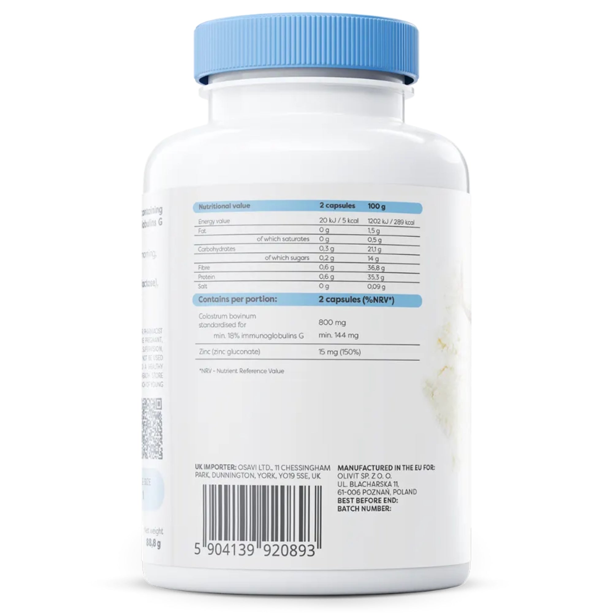 Nährwerte Osavi Colostrum Immuno – 1600 mg Colostrum, 288 mg IgG und 15 mg Zink pro Tagesdosis