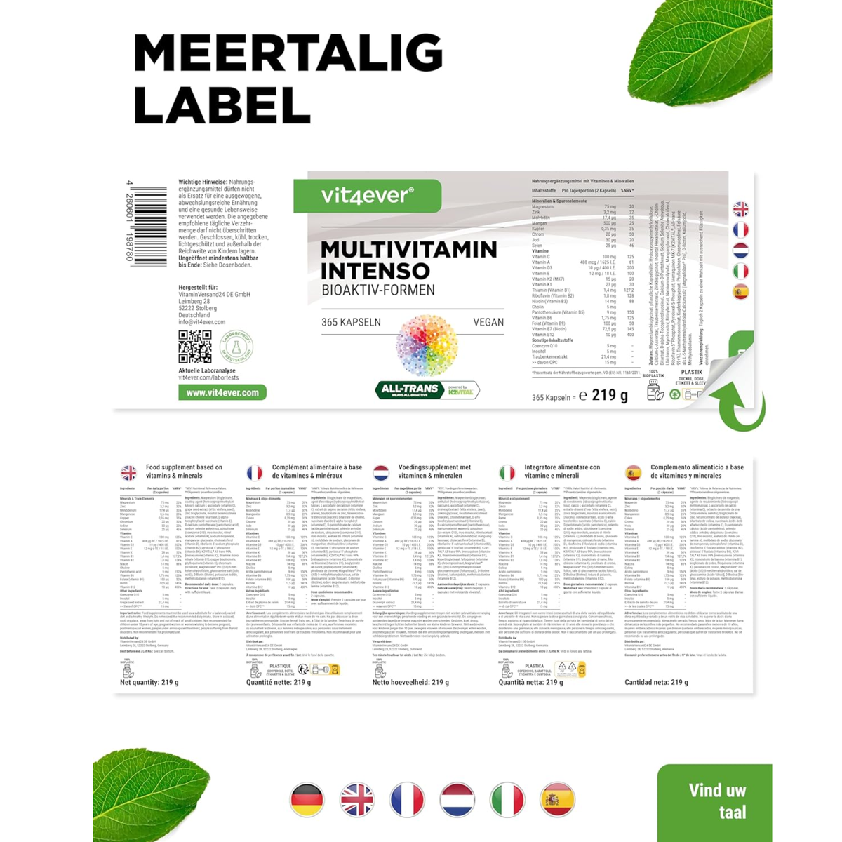 Multivitamin Intenso | 26 Aktivstoffe | 365 Kapseln | Vit4ever