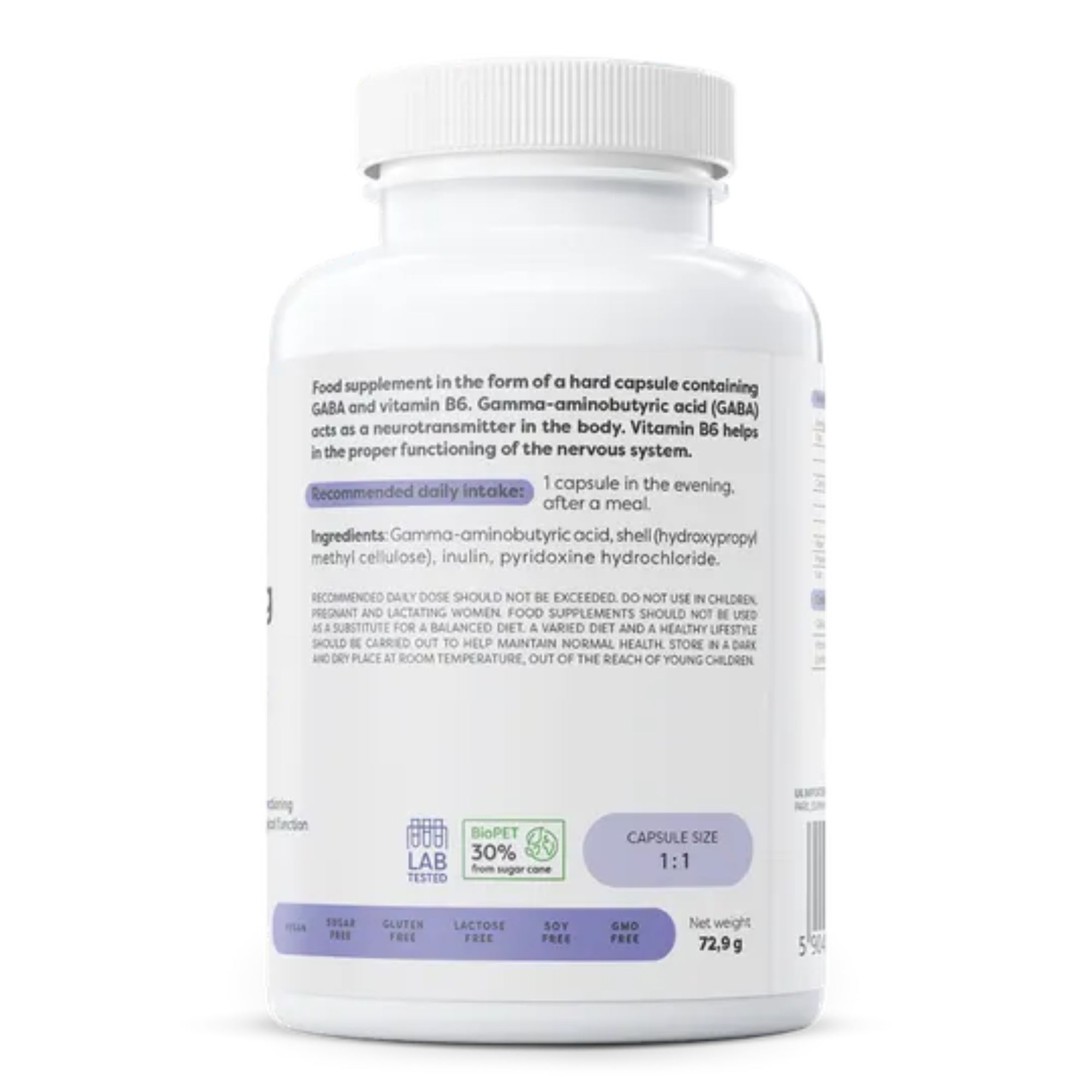 Rückseite Osavi GABA 500mg – Zutaten und Anwendung, Gamma-Aminobuttersäure mit Pyridoxin