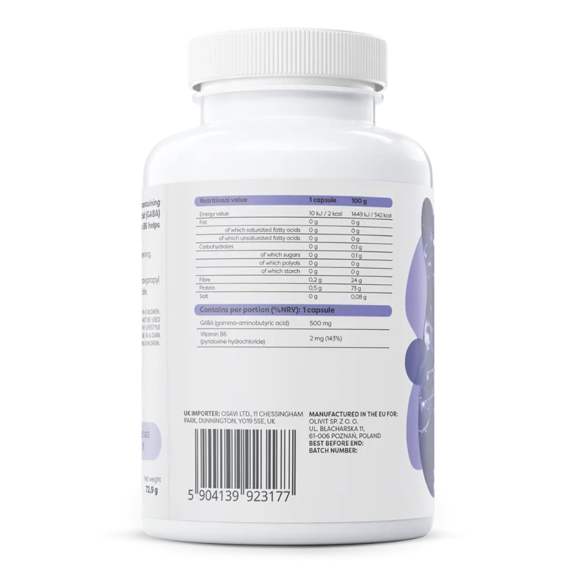 Nährwerte Osavi GABA – 500mg Gamma-Aminobuttersäure und Vitamin B6 pro Kapsel