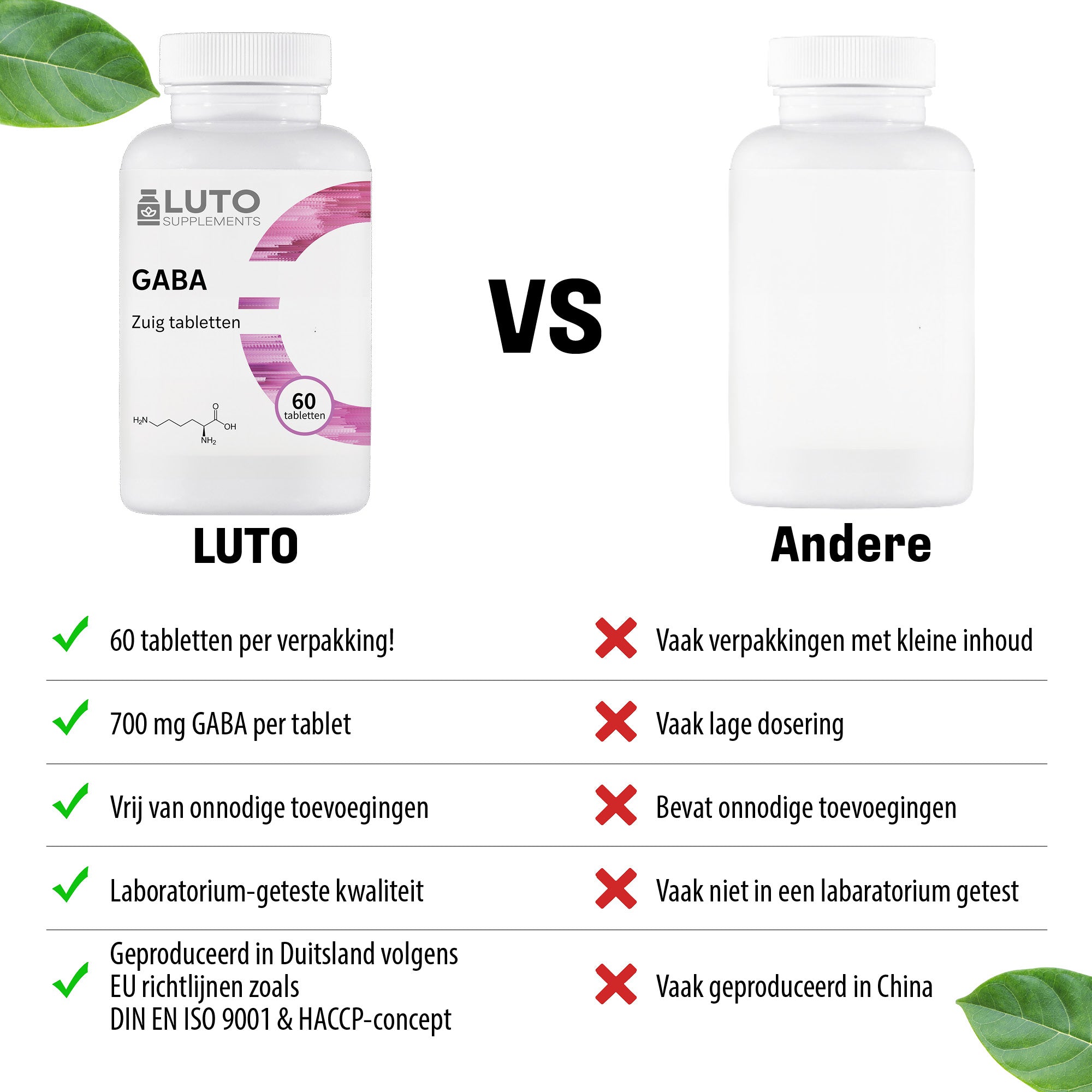 LUTO GABA 700mg vergelijking - 60 zuigtabletten met L-theanine en vitamine B6, vegan en non-GMO