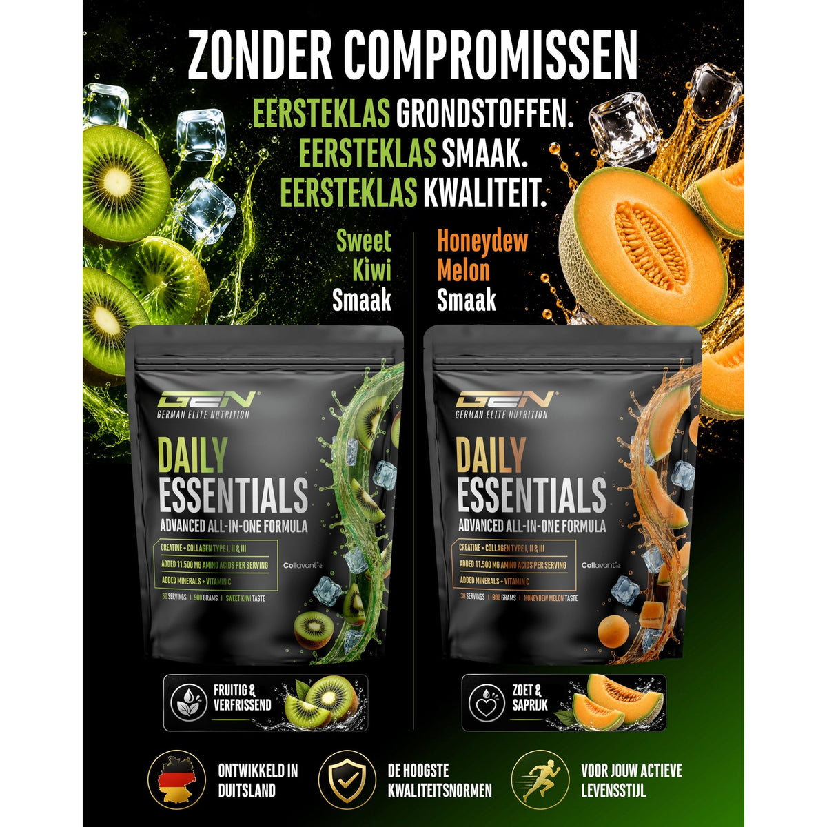 GEN Daily Essentials Creatine + Collageen Kiwi 900 gram - verpakking zijaanzicht