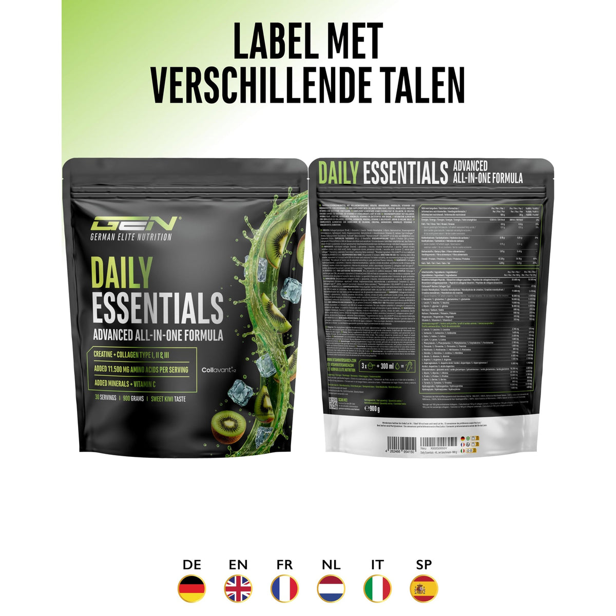 GEN Daily Essentials Creatine + Collageen Kiwi 900 gram - ingrediëntenlijst op de verpakking