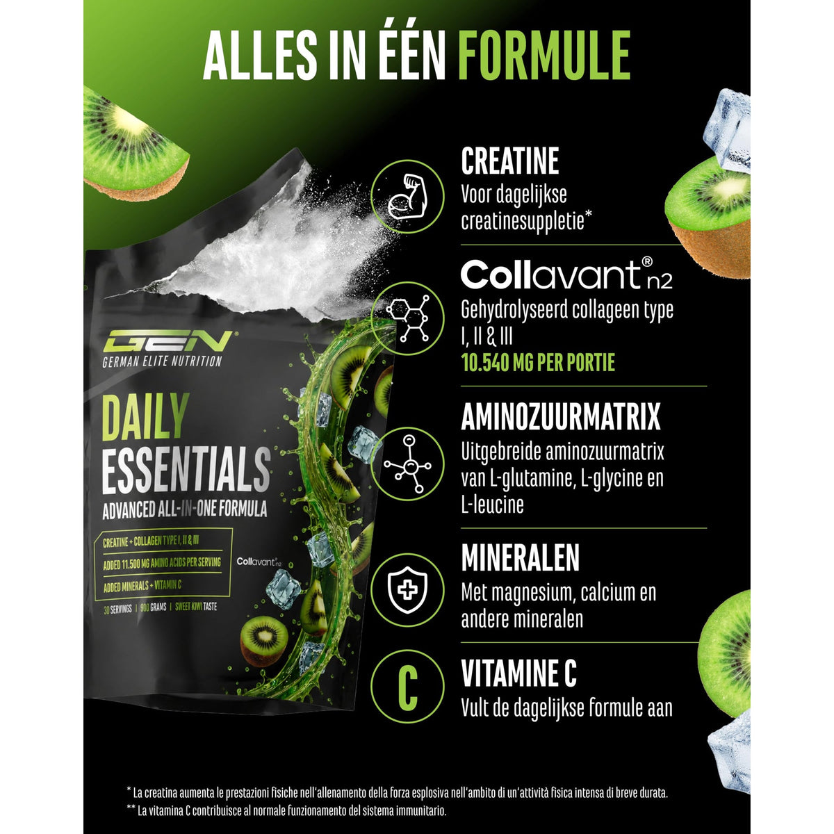 GEN Daily Essentials Creatine + Collageen Kiwi 900 gram - aanbevolen gebruik en dosering