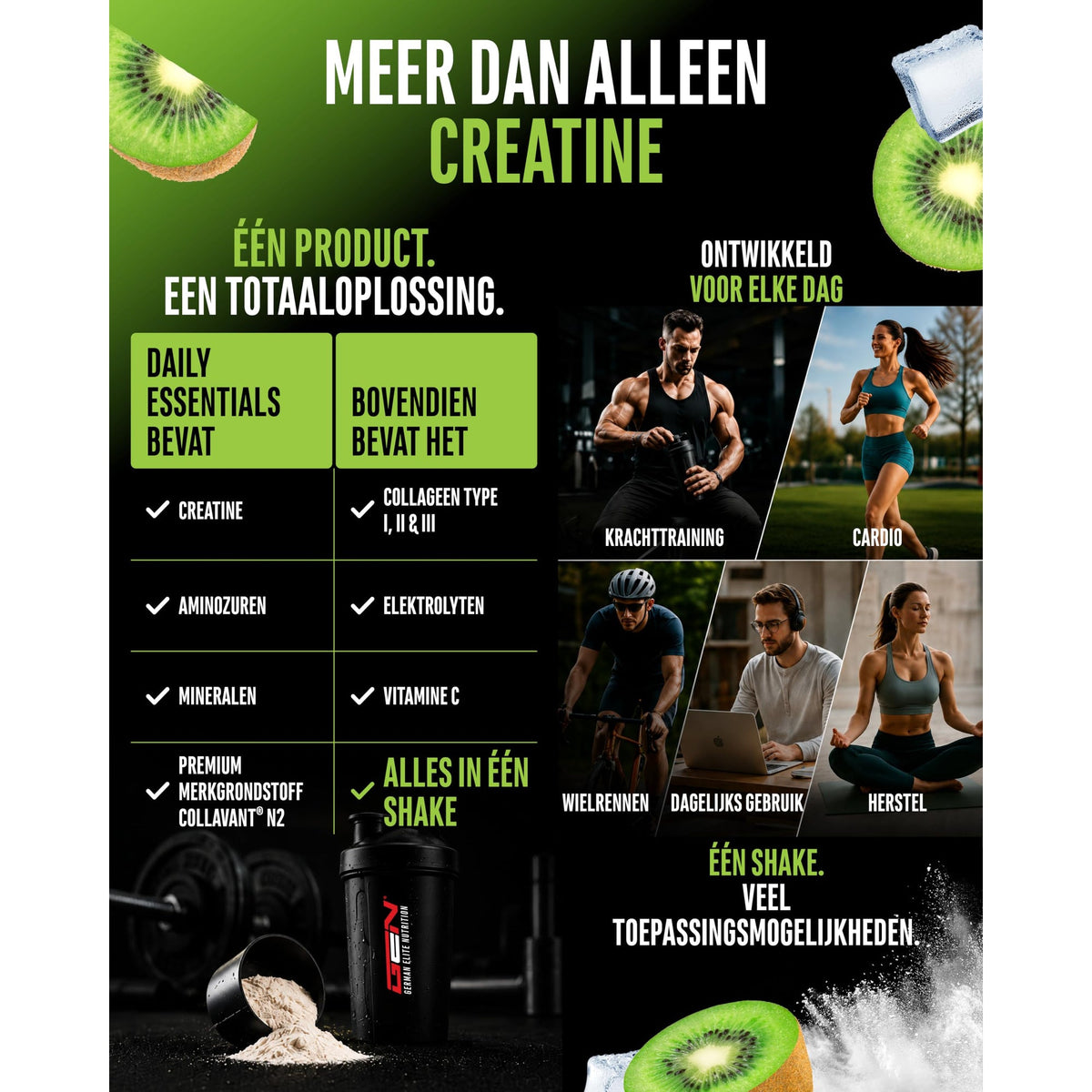 GEN Daily Essentials Creatine + Collageen Kiwi 900 gram - poeder van dichtbij