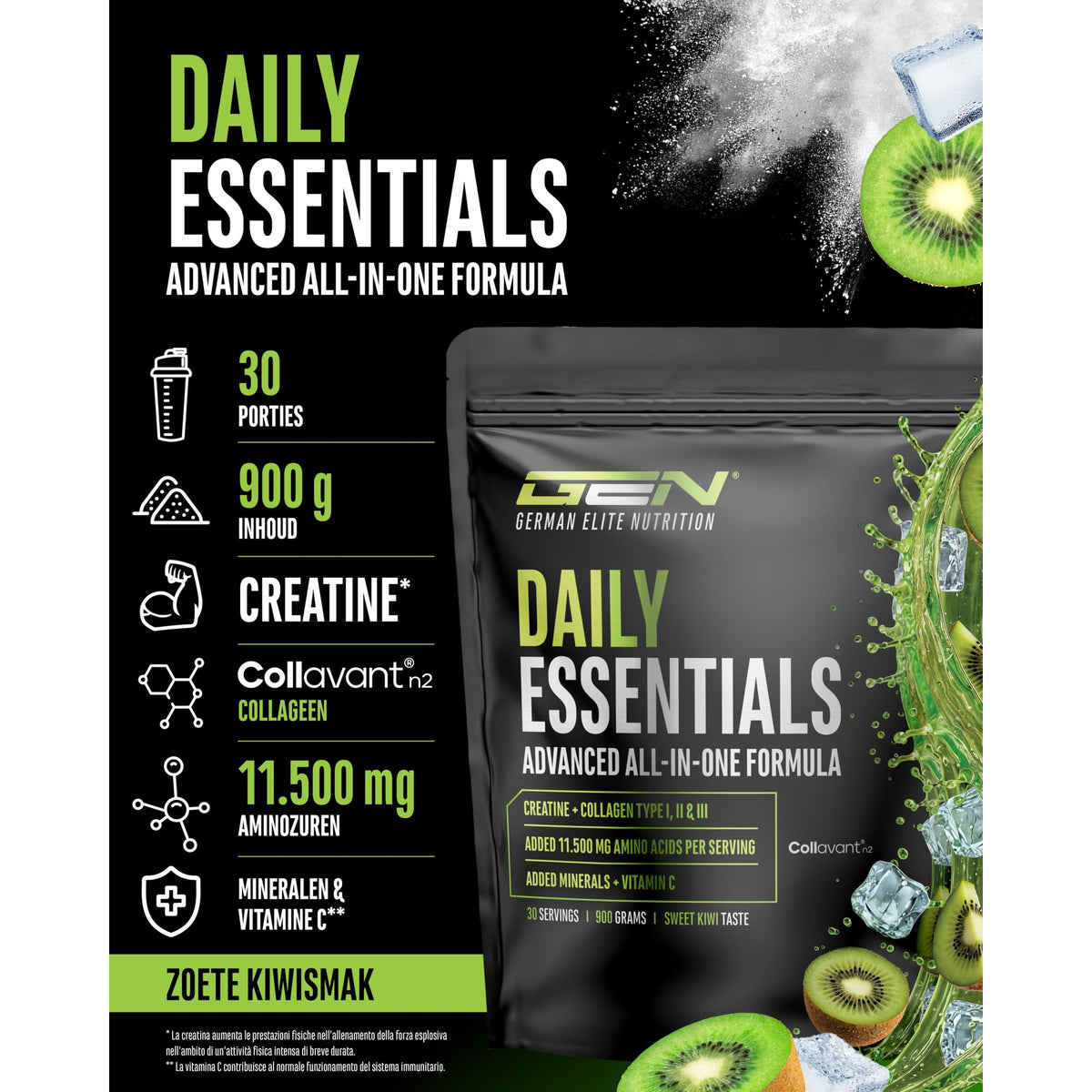 GEN Daily Essentials Creatine + Collageen Kiwi 900 gram - verpakking met etiket en productinformatie