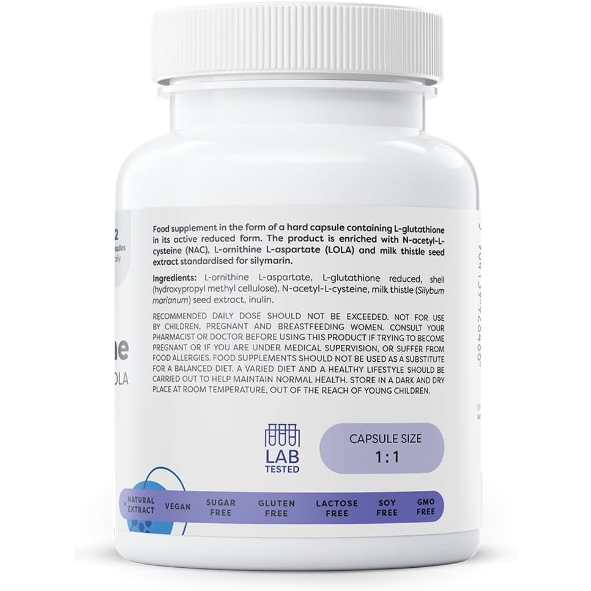 Osavi Glutathion Dose Rückseite – Zutaten, vegan, zuckerfrei, glutenfrei, sojafrei und GMO-frei, laborgeprüft