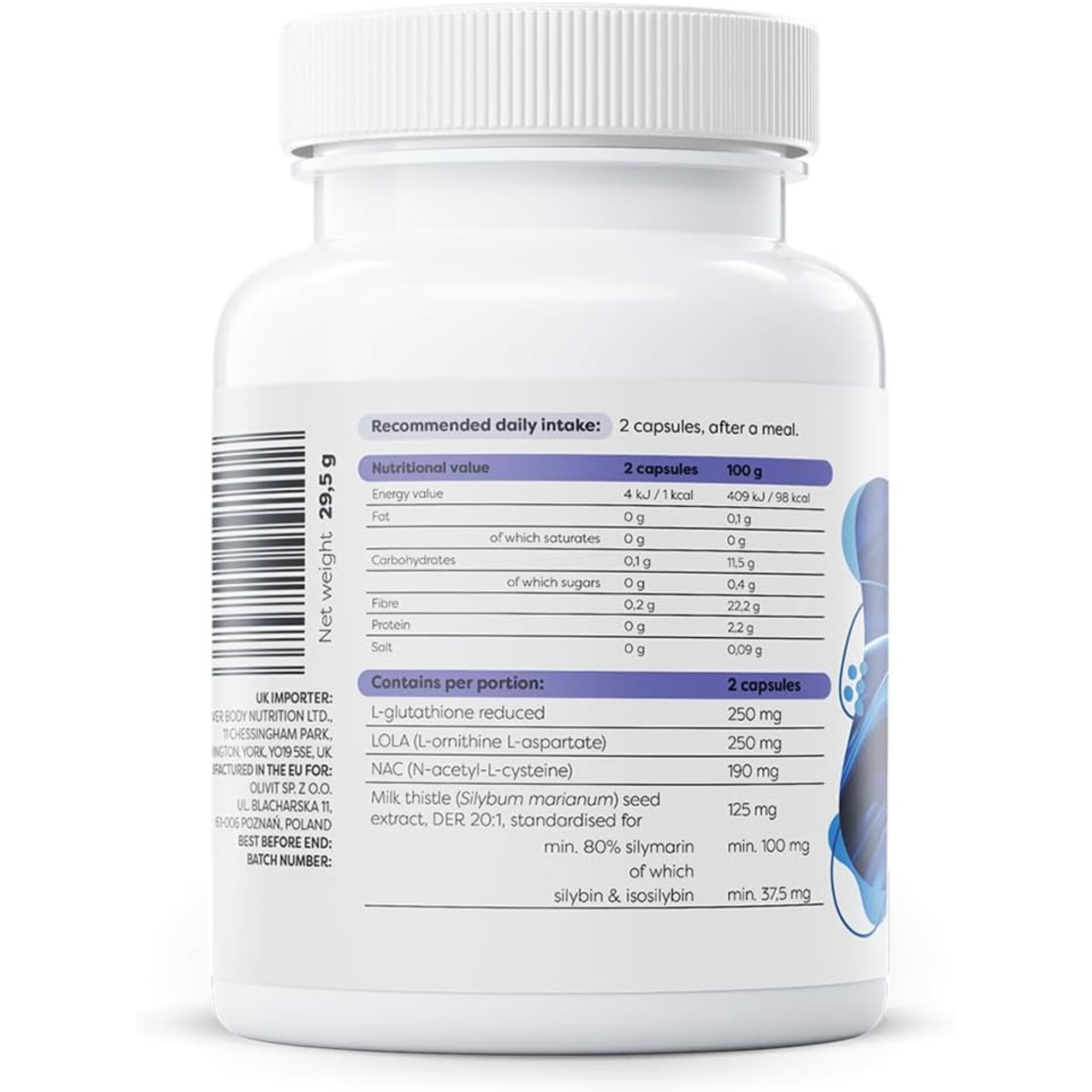 Nährwerte Osavi Glutathion – 250 mg L-Glutathion, 250 mg LOLA, 190 mg NAC und 125 mg Mariendistelextrakt pro Tagesdosis