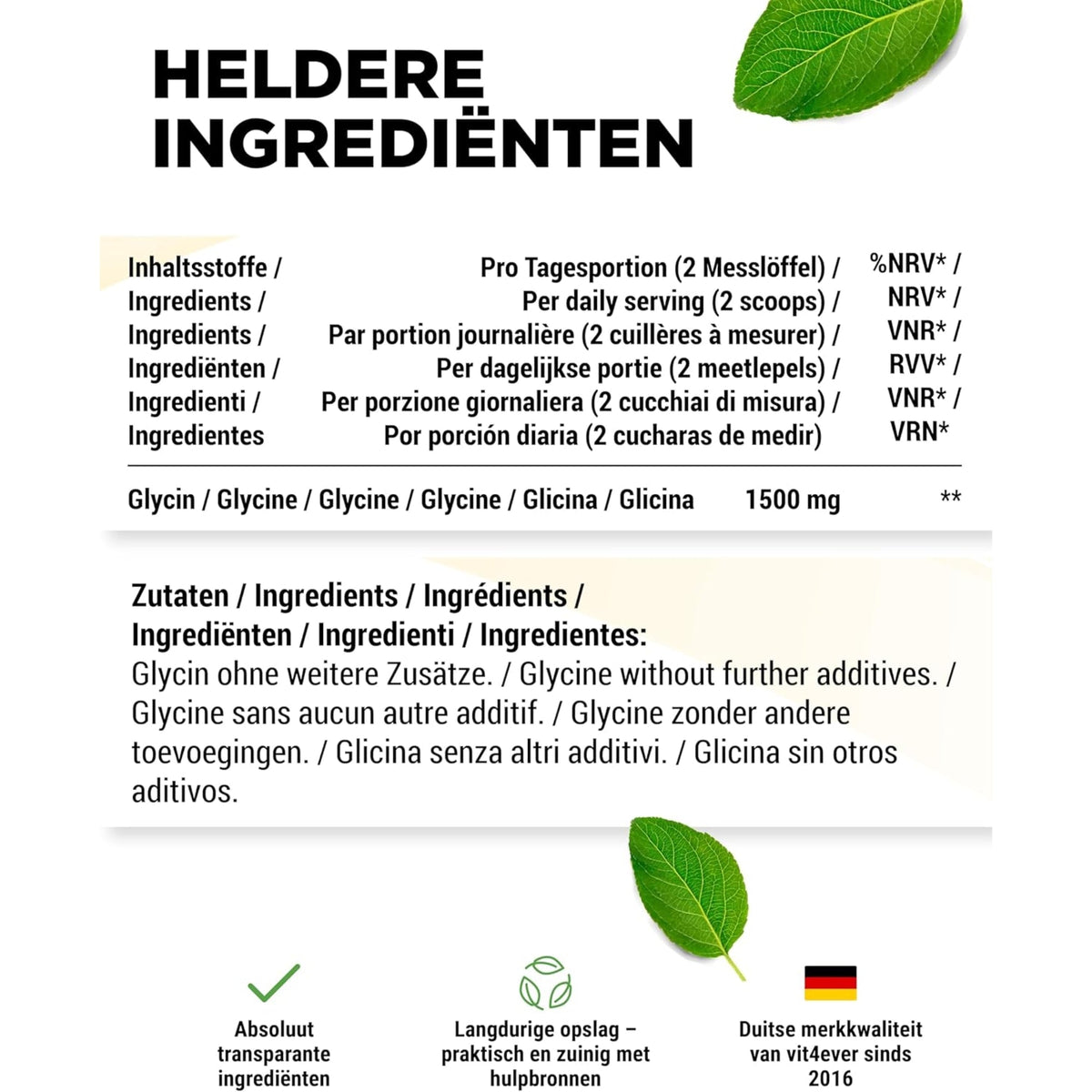 Glycin Pulver 100% Rein | 1100 g | Vit4ever
