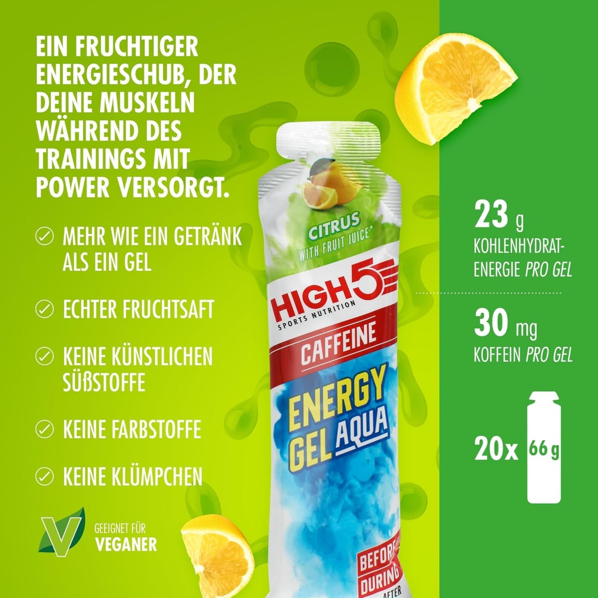 High5 Energy Gel Aqua Caffeine Citrus | 23 g Kohlenhydrate pro Gel