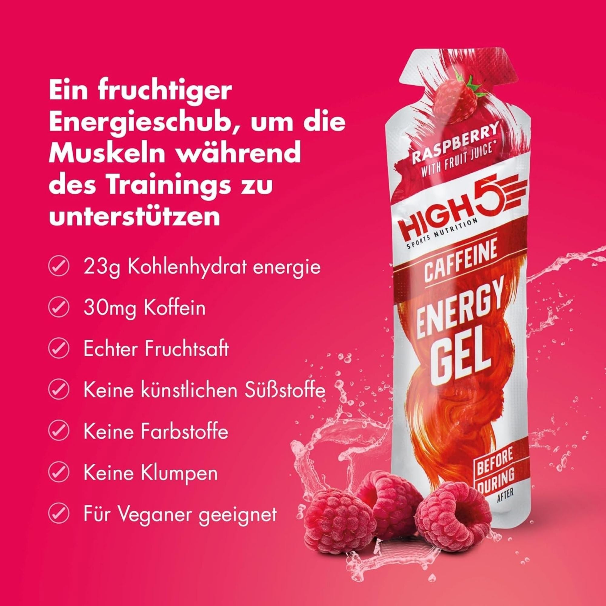 High5 Energy Gel Caffeine Himbeere | 23 g Kohlenhydrate pro Gel
