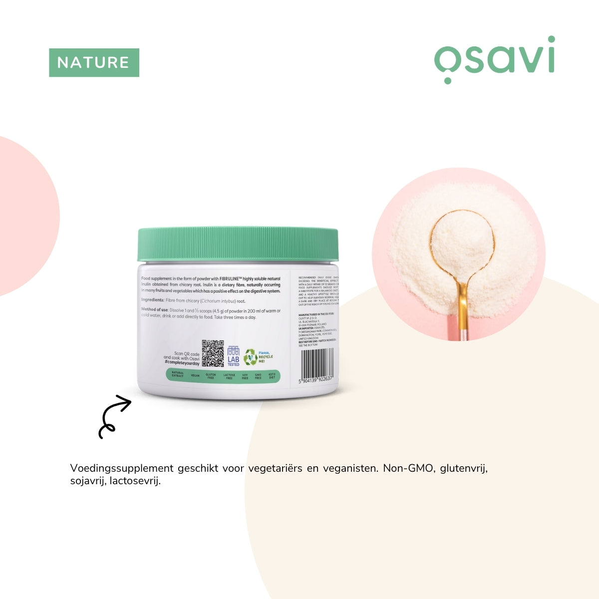 Rückseite Osavi Inulin Pulver – geeignet für Vegetarier und Veganer, non-GMO, glutenfrei und sojafrei