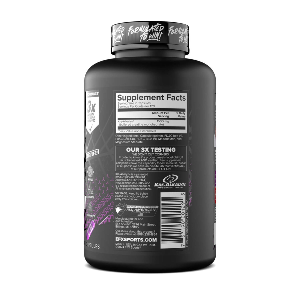 EFX Sports Kre-Alkalyn EFX 1500mg – Nährwerte und Zutaten auf der Verpackung