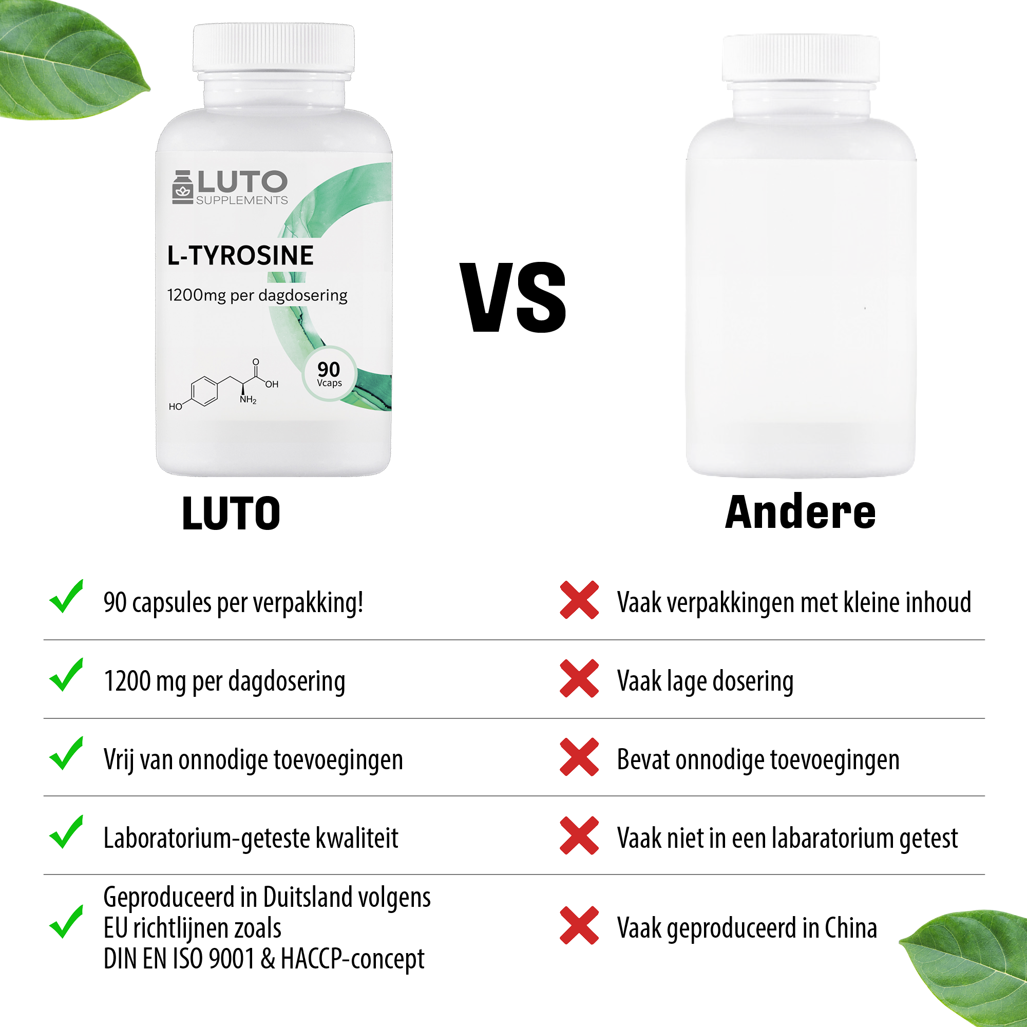 LUTO L-Tyrosine 1200mg vergelijking - 90 capsules met biotine, vegan, glutenvrij en lab getest
