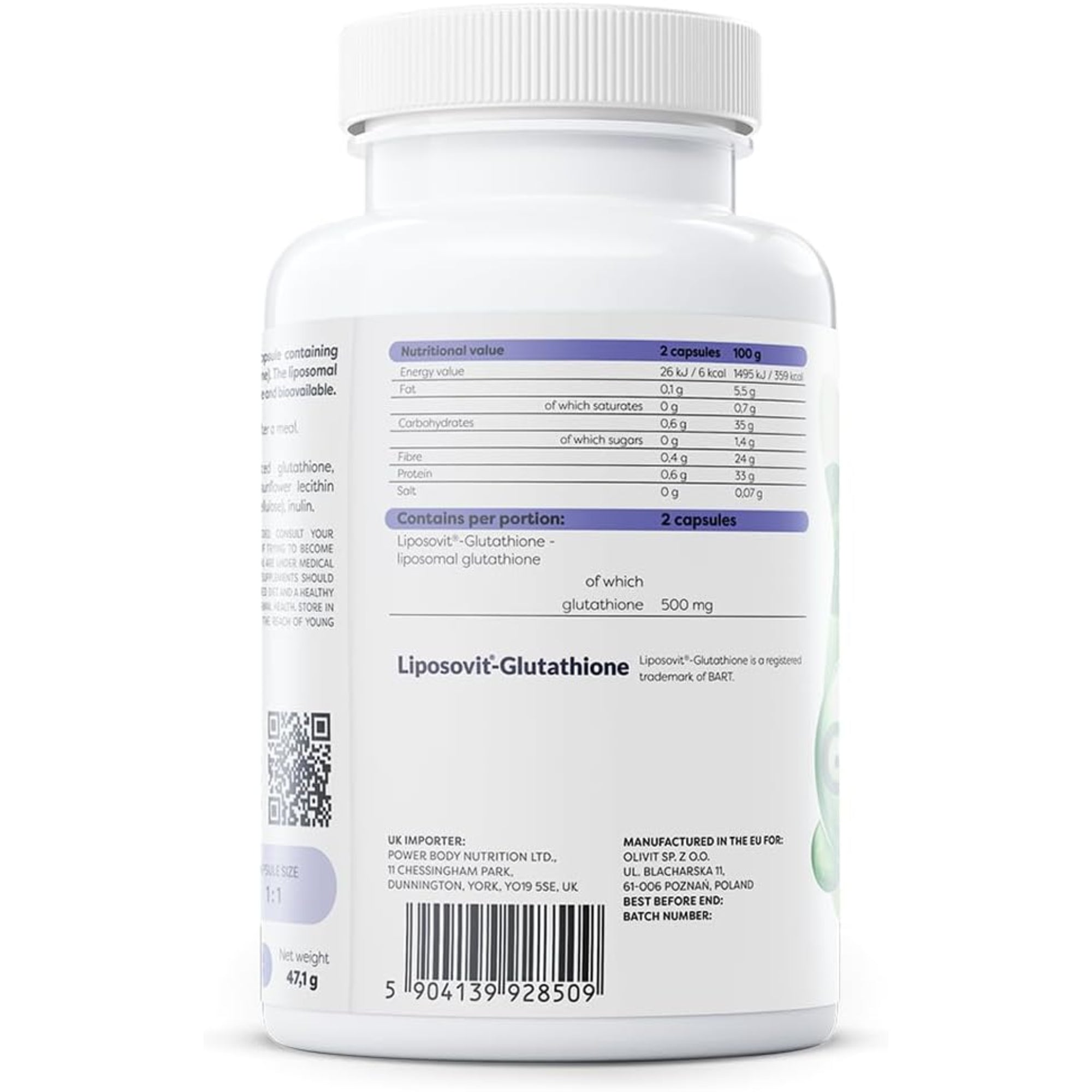Nährwerte und Zutaten Osavi Liposomales Glutathion 500mg – 500 mg Glutathion pro Portion von 2 Kapseln